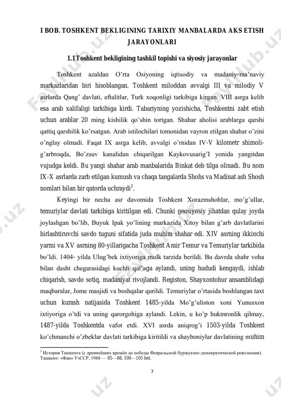 lda mo‘g‘uliston xoni yunusxon ixtiyoriga o‘tdi va uning qarorgohiga aylandi. lekin, u ko‘p hukmronlik qilmay, 1487-yilda toshkentda vafot etdi. xvi asrda aniqrog‘i 1503-yilda toshkent ko‘chmanchi o‘zbeklar davlati tarkibiga kiritildi va shayboniylar davlatining muhim 2 история ташкента (с древнейших времѐн до победы февральской буржуазно-демократической революции). ташкент: «фан» узсср, 1988 — 85—88, 100—105 bet. 8 iqtisodiy va siyosiy markazlaridan biriga aylandi. 1642-yilda toshkent mustaqil beklik sifatida tarkib topdi. biroq, bir muddat qozoqlar hukmronligi ostiga tushib qoldi. ma‘lumotlarga qaraganda toshkentda uzoq vaqtlardan beri mis aralash kumush tangalar zarb qilinib kelingan. albatta, bu toshkentning ichki va tashqi savdosini rivojlantirish maqsadida qilingan. lekin qalmoqlar hukmronligi davrida tinimsiz urushlar va mahalliy aholining noroziliklari tufayli bo‗lib turgan harakatlar natijasida tanga-pul zarb qilish to‗xtab qolgan 3 . 1723- yilda qozoqlar xonligi ham ag‘darilib, toshkent jung‘orlar ta‘siridagi shaharga aylandi. 1758-yilga kelib jung‘orlar davlati xitoy tomonidan ag‘darilgandan so‘ng toshkent xitoyga rasman vassal shaharga, amalda esa mustaqil davlatga aylandi. xviii asr …