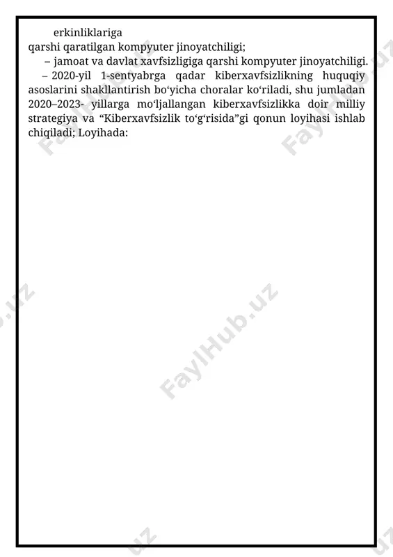 g maxfiyligini ta’minlash, tarqalishi, o‘g‘irlanishi, yo‘qotilishining oldini olish; – axborotning buzib talqin etilishi va soxtalashtirilishining oldini olish maqsadida amalga oshiriladi. 13-modda. shaxsning axborot borasidagi xavfsizligi shaxsning axborot borasidagi xavfsizligi uning axborotdan erkin foydalanishi zarur sharoitlari va kafolatlarini yaratish, shaxsiy hayotiga taalluqli sirlarini saqlash, axborot vositasida qonunga xilof ravishda ruhiy ta’sir ko‘rsatilishidan himoya qilish yo‘li bilan ta’minlanadi. jismoniy shaxslarga taalluqli shaxsiy ma’lumotlar maxfiy axborot toifasiga kiradi. jismoniy shaxsning roziligisiz uning shaxsiy hayotiga taalluqli axborotni, xuddi shuningdek, shaxsiy hayotiga taalluqli sirini, yozishmalar, telefondagi so‘zlashuvlar, pochta, telegraf va boshqa muloqot sirlarini buzuvchi axborotni to‘plashga, saqlashga, qayta ishlashga, tarqatishga va undan foydalanishga yo‘l qo‘yilmaydi, qonun hujjatlarida belgilangan hollar bundan mustasno. jismoniy shaxslar to‘g‘risidagi axborotdan ularga moddiy zarar va ma’naviy ziyon yetkazish, shuningdek, ularning huquqlari, erkinliklari va qonuniy manfaatlari ro‘yobga chiqarilishiga to‘sqinlik qilish maqsadida foydalanish taqiqlanadi. fuqarolar to‘g‘risida axborot oluvchi, bunday axborotga egalik qiluvchi hamda undan foydalanuvchi yuridik va jismoniy shaxslar bu axborotdan foydalanish tartibini …