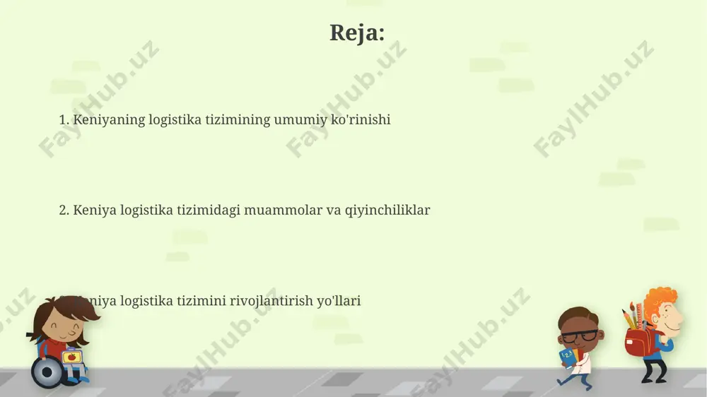 tashish samaradorligini oshirdi. hukumat siyosati va qonunchiligi keniya bojxona idorasi tovarlarni bojxona rasmiylashtiruvini tezlashtirish va byurokratiyani kamaytirish uchun raqamli texnologiyalarni joriy etish bo'yicha 2022-yilda yangi qonunchilikni qabul qildi, bu esa mamlakatdagi logistika samaradorligini oshirdi. keniya hukumati ichki transport infratuzilmasini yaxshilash uchun 2023-yilga qadar 5000 kilometrdan ortiq yo'lni ta'mirlash va yangi yo'llar qurishni rejalashtirgan, bu logistika xarajatlarini kamaytirishga yordam beradi. xalqaro hamkorlik va investitsiyalar keniya logistika tizimini rivojlantirishga jahon banki tomonidan 2023-yilda 50 million dollar miqdorida investitsiya kiritildi, bu mombasa porti infratuzilmasini modernizatsiya qilishga qaratilgan. xitoyning 200 milliard dollarlik "bir kamar, bir yo'l" tashabbusi keniyaga yirik transport va logistika loyihalarini moliyalashtirishda muhim rol o'ynamoqda, jumladan, nairobi-mombasa temir yo'lini qurish. yo'l va temir yo'l tarmoqlari mamlakatning temir yoʻl tarmogʻi taxminan 2 777 kilometrni tashkil etadi, ammo koʻp qismi eski va modernizatsiyaga muhtoj, bu yuk tashish vaqtlari va narxlariga taʼsir qiladi. keniyada 4 800 kilometrdan ortiq avtomobil yoʻllari mavjud boʻlib, shundan taxminan 5000 …