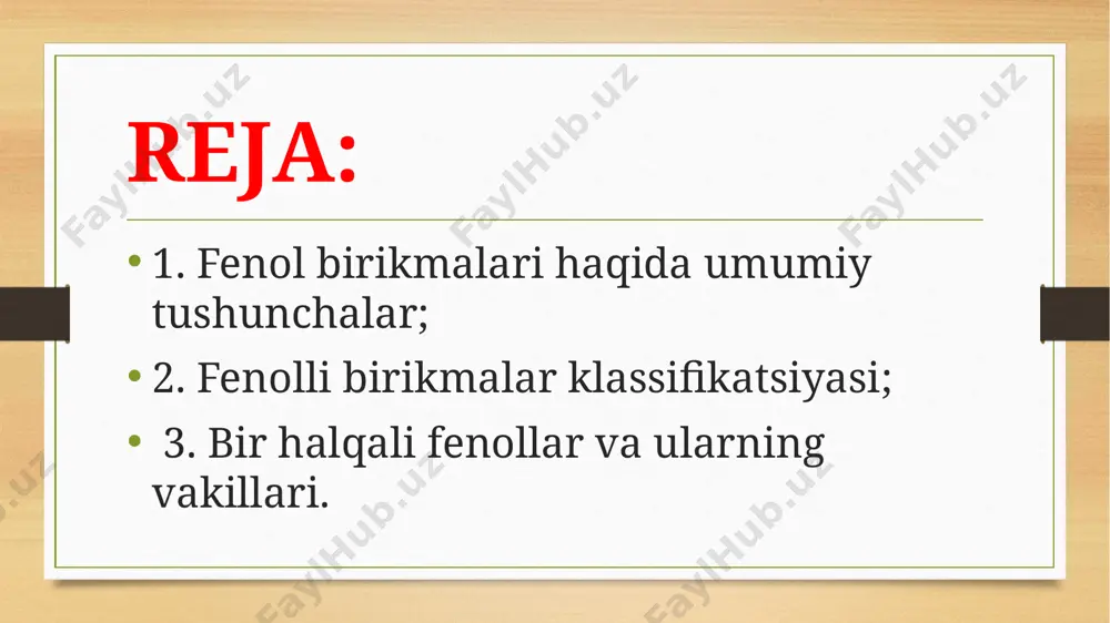 susiyatiga ega bo‘lib, o‘simliklarning zamburug‘ va bakteriyalar qo‘zgatadigan kasalliklarga chidamliligini (immunitetini) oshiradi. bular o‘simliklarning o‘sish jarayonini boshqarilishida ham faol ishtirok etadi. gul, meva, barg va poyalarning tabiiy rangi polimer fenollar hisoblangan flavonoidli pigmentlarga bog‘liq. fenol birikmalari haqida umumiy tushunchalar fenol birikmalari haqida umumiy tushunchalar o‘simliklarning turli organ va to‘qimalarida uchraydigan fenol birikmalari faqat miqdor jihatdan emas, balki sifat jihatdan ham bir-biridan farq qiladi. chunki ularning har xil biokimyoviy jarayonlarda ishtirok etishi tuzilishi va polimerlanish darajasi bilan aniqlanadi. ko‘pchilik oddiy fenol birikmalari osonlik bilan oksidlanadi va moddalar almashinuvida faol ishtirok etadi. shuning uchun ham ular aksariyat biokimyoviy jarayonlarda eng faol boradagan barg, gullarda va o‘sish nuqtasidagi to‘qimalarda mujassamlashgan bo‘ladi. fenol birikmalarining polimerlari esa biokimyoviy jihatdan birmuncha inert bo‘lib, asosan, qoplovchi va o‘sishdan to‘xtagan to‘qimalarda uchraydi. fenolli birikmalar klassifikatsiyasi barcha fenol birikmalari tarkibidagi aromatik (benzol) halqaning soniga qarab uchta asosiy gruppaga: bir halqali fenollar, ikki halqali fenollar va polimer fenol birikmalariga bo‘linadi. …