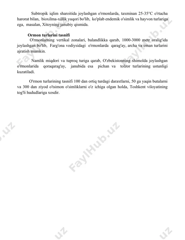alandlikka qarab, 1000-3000 metr oralig'ida joylashgan bo'lib, farg'ona vodiysidagi o'rmonlarda qarag'ay, archa va eman turlarini ajratish mumkin. namlik miqdori va tuproq turiga qarab, o'zbekistonning shimolda joylashgan o'rmonlarida qoraqarag'ay, janubida esa pichan va tolzor turlarining ustunligi kuzatiladi. o'rmon turlarining tasnifi 100 dan ortiq turdagi daraxtlarni, 50 ga yaqin butalarni va 300 dan ziyod o'tsimon o'simliklarni o'z ichiga olgan holda, toshkent viloyatining tog'li hududlariga xosdir. 📌xulosa орманизм типологияси турли омиллар, жумладан, шахсий хусусиятлар, ижтимоий-иқтисодий шароитлар ва маданий таъсирлар асосида инсонларнинг турли хил хулқ-атвор ва фикрлаш услубларини таснифлайди. бу таснифот жамиятдаги муносабатларни тушунишга ва ижтимоий муаммоларни ҳал қилишга ёрдам беради. 📚foydalanilgan adabiyotlar 1. ormon tipologiyasi haqida ma'lumot beradigan manbalarni topish qiyin. aniqroq ma'lumot yoki atamani berishingiz mumkinmi? 2. agar "ormon" atamasi geografik joy nomi yoki boshqa maxsus ma'noda ishlatilgan bo'lsa, iltimos, kontekstni ko'rsating. 3