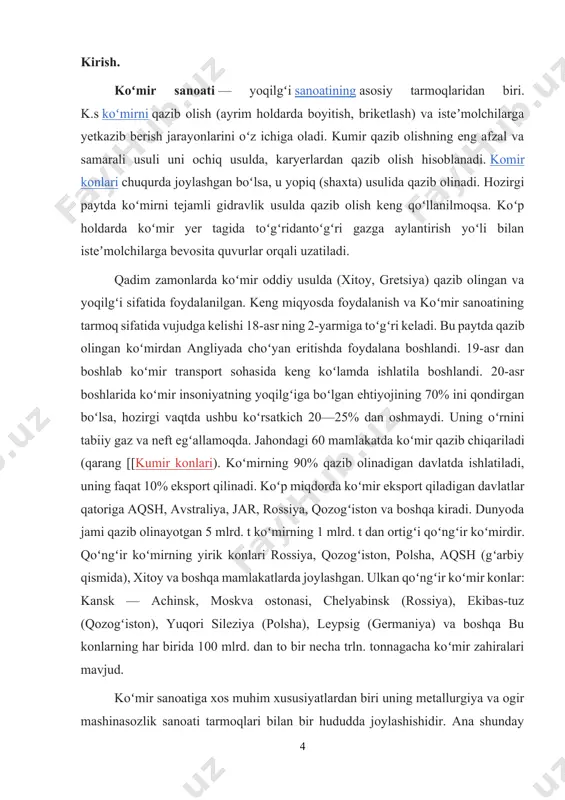 ini texnik qayta ta’minlash birinchi bosqichi 1954-1965 yillarga to’g’ri keladi. bu vaqtga kelib, birinchi mahalliy se-3 (uztm) ekskavatorlari va odimlovchi ekskavatorlardan foydalanilgan. ushbu davrda ekskavatorlar parki yangilandi: ochiq konga uzaytirilgan uskunali mexanik kuraklar kelib tushdi; ko’mirni yetkazib berish konveyer liniyalari yanada quvvatli kru-350, kru-300, kl-150, lku-250 konveyerlari bilan almashtirildi; yuqori unumdorli vto-2, ushvt-m, svb-2, sbsh-250 burg’ilash dastgohlari joriy qilindi. yangi ko’chirib tushiradigan xo’jalik tashkil qilindi, temir yo’l transportida bug’li yuk tortish mexanizmi elektrovoz bilan almashtirildi. texnik qayta ta’minlash ikkinchi bosqichi (1978-1990 yillar) ochiq konda ko’mir qazib olish hajmini 1.5-2 marta oshirilishini nazarda tutdi. ushbu davrda ekg-8i, ekg-12,5, ekg-15, ekg-4u yangi ekskavatorlari, yuk tortish agregatlari, katta yuk ortish quvvatiga ega yukni o’zi tushiruvchi vagonlar (dumpkarlar) tatbiq qilindi. bu 1990 yilda ko’mir qazib olish hajmini 5,77 mln tonnaga, kon ochish ishlari hajmini 50 mln.m3ga yetkazish imkonini berdi xronologik ma’lumotnoma 1932 yil – angren konida ko’mir zaxiralari mavjudligi to’g’risida birinchi ma’lumotlar olindi. 1940 …
