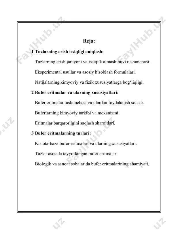 yo hisoblarida esa tuzning erish jarayonida hosil bo‘ladigan ionlar uchun entalpiya qiymatlari yordamida hisob-kitob qilinadi masalan nacl uchun erish tenglamasi nacl qattiq dan na plyus suvdagi va cl minus suvdagi holatiga o‘tishi ko‘rsatiladi biologiya sanoat va kimyo sohalarida amaliy ahamiyatga ega biologiyada bu biologik eritmalar va organizmda sodir bo‘ladigan jarayonlarni tushunishda qo‘llaniladi sanoatda esa issiqlik almashinuvi jarayonlarida va eritmalar tayyorlashda kimyoda esa kimyoviy reaksiya kinetikasi va termodinamikani o‘rganishda muhim hisoblanadi 1 rasm (tuzlarning erish issiqligi). tuzlarning erish jarayoni va issiqlik almashinuvi tushunchasi tuzlarning suvda yoki boshqa erituvchilarda erishi jarayonida issiqlikning ajralishi yoki yutilishini ifodalaydi bu jarayonda tuzning ionlari kristall panjarasidan ajralib chiqadi va erituvchida harakatlanadi bunda energiya almashinuvi yuz beradi ya’ni ba’zi hollarda issiqlik ajraladi va bu jarayon ekzotermik bo‘ladi ba’zan esa issiqlik yutilib endotermik bo‘ladi tuzlarning erish jarayoni ionlarning solvatatsiyasi va ularning erituvchi bilan o‘zaro ta’siri natijasida yuz beradi eksperimental usullar va asosiy hisoblash formulalarida kalorimetrik usul eng ko‘p …
