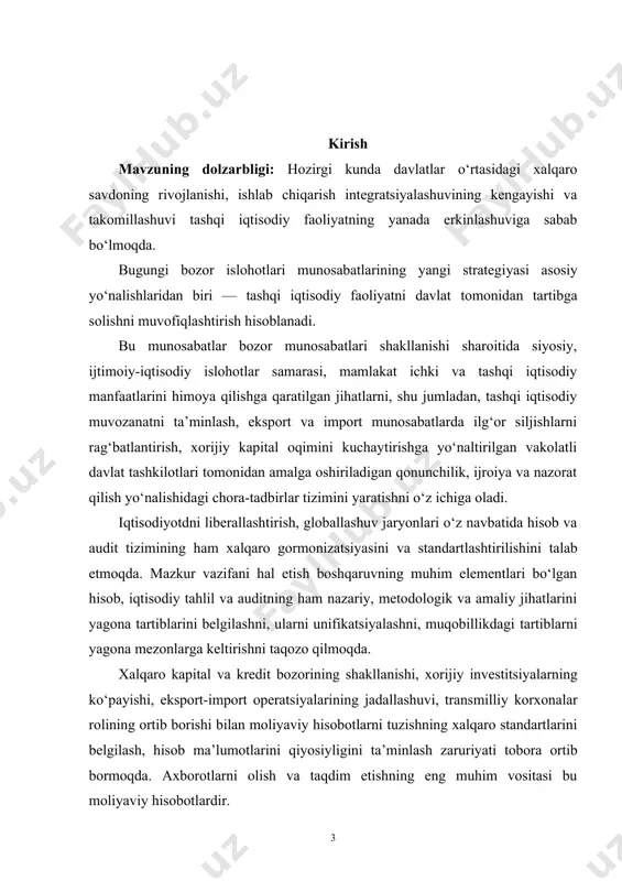 -import operatsiyalarining jadallashuvi, transmilliy korxonalar rolining ortib borishi bilan moliyaviy hisobotlarni tuzishning xalqaro standartlarini belgilash, hisob ma’lumotlarini qiyosiyligini ta’minlash zaruriyati tobora ortib bormoqda. axborotlarni olish va taqdim etishning eng muhim vositasi bu moliyaviy hisobotlardir. moliyaviy tahlil investitsiyalar va kreditlarga doir qarorlarni qabul qilishga; subyektning bo‘lg‘usi pul oqimlariga; ularga ishonib topshirilgan resurslarga, majburiyatlarga; rahbar organlarning ishiga baho berishda biznes samaradorligi va boshqaruvning sifat menejmentiga erishishda muhim dastak vazifasini bajaradi. moliyaviy tahlilning eng muhim obyektlariga: subyekt nazorat qilib turadigan iqtisodiy resurslari va ularning moliyaviy tuzilmasi; likvidligi; to‘lovga qobiliyati; moliyaviy ahvoli va uning kelgusidagi kutilishlari; moliyaviy natijalari va rentabelligi; pul mablag‘lari va ularning ekvivalentlari; kapital hajmi, moliyaviy va iqtisodiy salohiyati; iqtisodiy nochorlikka yuz tutmasligi, investitsion jozibadorlik; kreditga qodirlik; moliyaviy ahvoli bo‘yicha reyting baholashlar kiradi. 1. mahsulot ishlab chiqarish va sotish xajmining tahlili maqsadi, vazifasi va axborot manbai. iqtisodiyotni erkinlashtirish sharoitida korxona ishlab chiqarishi ko’zda tutgan mahsulotlar hajmi iste’molchilarning ko’lami hamda korxona ichki imkoniyatlari …