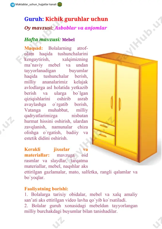n tayyorlangan buyumlar, idishlar, matolar tasvirlangan ekan. 2-bola: bu jixozlarning barcha turlari milliy naqshlarimiz bilan bezatilgan ekan. tarbiyachi: to`g`ri bolajonlar kelinglar men sizlarga xalqimizning amaliy san’ati va mebeldan tayyorlangan milliy naqshlar haqida ko`proq tushunchalar beraman. qarang mana bu milliy burchagimizga bugun yana ham ko`proq yangi buyumlar qo`yganman. ular bilan tanishamiz. ularda xalqimizning orzu umidlari, istak hohishlari, turmush tarsi aks ettirilgan. bizning xalqimizning juda qadimdan manaviyatli va marifatli bo`lishgan. ular o`zlarining kundalik hayotlarida kulolchilik, zardo`zlik, ganchkorlik, naqqoshlik kabi ko`plab hunar turlari bilan shug`ullanishgan. bu hunarlari bilan ular madrasalarni, shohlarning saroylarini, karvonsaroylarini bezashgan. ganchkor ustalar binolarni devorlariga, peshtoqlariga bezak bergan bo`lsa, naqqoshlar esa ustunlarni, eshik va derazalarni naqshlar bilan bezagan. chevar momolar esa turlipalaklar va so`zanalar bilan xona ichini jixozlaganlar. xalqimizning bu meroslaridan ayrimlari xozirgi kungacha bizgacha ham yetib kelgan. naqsh milliy san’at turlaridan biri bo`lib, gazlamalarga, yog`ochlarga va chinni idish tovoqlarga bezak sifatida ishlatiladi. milliy naqshlardan yurtimizning tarixiy obidalarida juda ko`p …