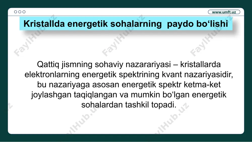 rning taqiqlangan sohasi kengligi ≤ 3 ev atrofida bo‘ladi. uy harorati temperaturasida issiqlik harakati energiyasi elektronlarning bir qismini donor sathidan erkin sohaga ko‘chirishga yetarli bo‘ladi. yarim o‘tkazgichga tashqi elektr maydoni qo‘yilganda elektronlarning tartibli harakati, ya’ni elektr toki paydo bo‘ladi. www.umft.uz dielektrikning sohaviy chizmasi o‘tkazuvchanlik sohasi valent sohasi > 5 ev dielektrik www.umft.uz dielektriklarda taqiqlangan soha kengligi bir necha ev ga teng bo‘ladi (∆≥ 5 ev). issiqlik harakati energiyasi dielektrikning valent sohasidagi elektronlarni o‘tkazuvchanlik sohasiga o‘tkazishga yetarli bo‘lmaydi. www.umft.uz e’tiboringiz uchun rahmat ! www.umft.uz foydalanilgan adabiyotlar ro‘yxati abduraxmanov q.p., egamov o‘. umumiy fizika kursi савельев и.в. основы теоретической физики, 1,2,3 том, 1991г. трофимова т.и. курс физики,1990 г. а.н.огурцов. лекции по физике . яворский б.м., детлаф а.а., лебедев а.к. справочник по физике. оплачко т.м.,турсунметов к.а. физика, часть 2, 2006 г. www.umft.uz ta’lim saytlari va internet resurslari 1. fizika.uz – talabalar va fizika o‘qituvchilari uchun sayt 2. neutrino.ucoz.ru – tatu fizika kafedrasi dotsenti …