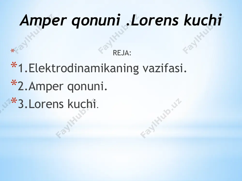 a elektrodinamika atamasi sukut boʻyicha klassik elektrodinamika deb tushuniladi, u faqat maksvell tenglamalar tizimi orqali elektromagnit maydonning uzluksiz xususiyatlarini tavsiflaydi; elektromagnit maydonning zamonaviy kvant nazariyasini va uning zaryadlangan zarralar bilan oʻzaro taʼsirini koʻrsatish uchun odatda barqaror atama ishlatiladi kvant elektrodinamikasi. avvalgi darslardan ma`lum bo`ldiki elektr toki oqayotgan o`tkazgichning atrofida magnit maydon mavjud bo`ladi. bu magnit maydoni tok bilan birga paydo bo`ladi va birga yo`qoladi. magnit maydon ham ,huddi elektr kabi ehergiyaga ega. tabiiyki bu energiya uni vujudga keltirish uchun bajarilgan ishga teng va quyidagicha bo`ladi. (1) bu yerda i konturdan oqayotgan tok kuchi, l konturning induktivligi. shuni ta`kidlash kerakki magnit maydonning energiyasi fazoda mujassamlashgan bo`ladi. shuning uchun ham unga atrofdagi maydonni xarakterlovchi kattaliklarining funksiyalari sifatida qarash mumkin. shu maqsadda xususiy hol uchun –uzun solenoid ichidagi bir jinsli magnit maydonni ko`rib chiqamiz. energiyaning hajmiy zichligi.- (1) ifodaga uzunligi l .kesim yuzasi s bo`lgan solenoid induktivligining l= s ifodasini qoysak w= s …