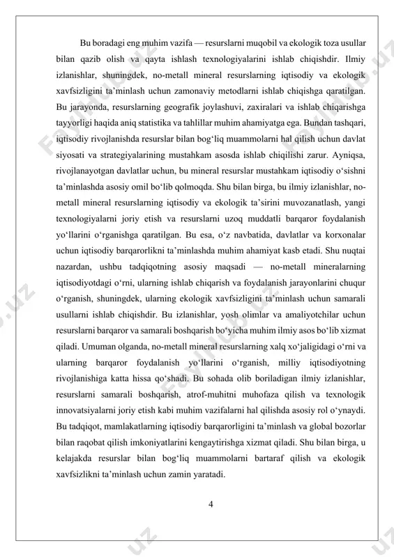 joylashuvi, qazib olish usullari va ularning ishlab chiqarishga ta’siri muhim ahamiyatga ega. ularning geologik joylashuvi, odatda, katta miqdordagi mineral resurslarni tashkil etadigan joylarda joylashgan bo‘ladi. bu joylar, odatda, er osti va er usti qazib olish uchun mos bo‘lib, qazib olish texnologiyalarining rivojlanishi bilan bu joylar kengaymoqda. masalan, gips va tuz konlari odatda, ko‘p hollarda, qatlamli joylashgan bo‘lib, qazib olish uchun ochiq yoki yer osti usullari qo‘llaniladi. nomoʻmetal mineralarning xossalarini o‘rganishda, ularning texnologik xususiyatlari, ya’ni maydalash, tozalash va aralashtirish jarayonlari ham muhimdir. bu jarayonlar, ularning sifatini va foydalanish imkoniyatlarini belgilaydi. masalan, gipsni tozalash va aralashtirish jarayonida, uni qattiqlashtirish va yopishqoqligini oshirish uchun turli kimyoviy moddalar qo‘llaniladi. bu jarayonlar, shuningdek, ekologik muammolarni ham keltirib chiqaradi, shuning uchun, ularni ekologik xavfsiz qilish uchun zamonaviy texnologiyalar ishlab chiqilmoqda. nomoʻmetal mineralarning xossalarini o‘rganishda, ularning ishlab chiqarishdagi roli va iqtisodiy ahamiyati katta ahamiyatga ega. ular, asosan, qurilish, kimyo, oziq-ovqat va energetika sohalarida keng qo‘llaniladi. masalan, gips …