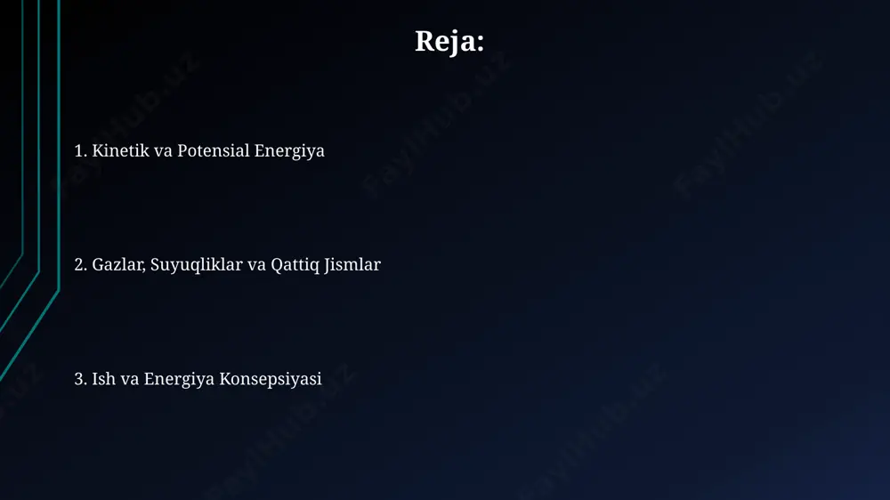 lar yerning turli hududlarida biroz farq qilishi mumkin, masalan, shaharlarda ifloslantiruvchi gazlar miqdori yuqori bo'lishi mumkin. ideal gaz qonuni (pv=nrt) bo'yicha 273 k haroratda va 1 atmosfera bosimda 22,4 litr hajmni egallagan 1 mol har qanday gaz 6,022 x 10²³ ta molekuladan iborat bo'ladi, bu avogadro soni deb ataladi. potensial energiya suv omborlarida to'plangan suvning potensial energiyasi, masalan, farg'ona vodiysidagi katta suv omborlarida saqlangan 10⁶ kub metr suvning potensial energiyasi, gidroelektrik stansiyalarida elektr energiyasiga aylantiriladi. potensial energiyaning miqdori, masalan, 10 kg og'irlikdagi jismning 5 metr balandlikdagi yer yuzasidan potensial energiyasi, yerning tortish kuchi va balandlikka bog'liq holda aniqlanadi. kinetik energiya avtomobil 80 km/soat tezlikda harakatlanayotganda, uning kinetik energiyasi ancha yuqori bo'ladi, bu esa to'qnashuv holatida katta kuch bilan ifodalanadi. masalan, toshkent shahrida sodir bo'lgan avtohalokatlarda kinetik energiya ta'siri aniq ko'rinadi. suv molekulalarining kinetik energiyasi haroratga bog'liq bo'lib, 20°s da suvning kinetik energiyasi xona haroratidagi havodagi molekulalarga qaraganda yuqori bo'ladi. e'tiboringiz …