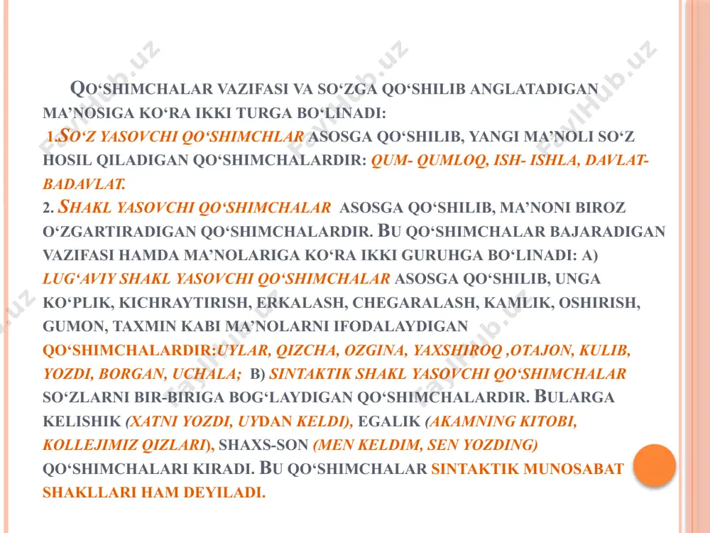 qi, borgin, o‘qigin boringiz, o‘qingiz iii shaxs: borsin, o‘qisin borsinlar, o‘qisinlar o‘tgan zamon fe’li birlik ko‘plik i shaxs bordim i shaxs bordik ii shaxs bording ii shaxs bordingiz iii shaxs bordi iii shaxs bordilar birlik ko‘plik i shaxs borganman i shaxs borganmiz ii shaxs borgansiz ii shaxs borgansiz iii shaxs borgan iii shaxs borganlar hozirgi zamon fe’li birlik ko‘plik i shaxs yozyapman i shaxs yozyapmiz ii shaxs yozyapmiz ii shaxs yozyapsiz iii shaxs yozyapti iii shaxs yozyaptilar birlik ko‘plik i shaxs yozmoqdaman i shaxs yozmoqdamiz ii shaxs yozmoqdasan ii shaxs yozmoqdasiz iii shaxs yozmoqda iii shaxs yozmoqdalar kelasi zamon fe’li birlik ko‘plik i shaxs bormoqchiman i shaxs bormoqchimiz ii shaxs bormoqchisan ii shaxs bormoqchisiz iii shaxs bormoqchi iii shaxs bormoqchilar buyruq-istak mayli birlik buyruq-istak mayli ko‘plik i shaxs boray i shaxs boraylik ii shaxs bor, borgin ii shaxs boringiz iii shaxs borsin iii shaxs borsinlar so‘zlarning yasalishi nutqda so‘zlar tub …