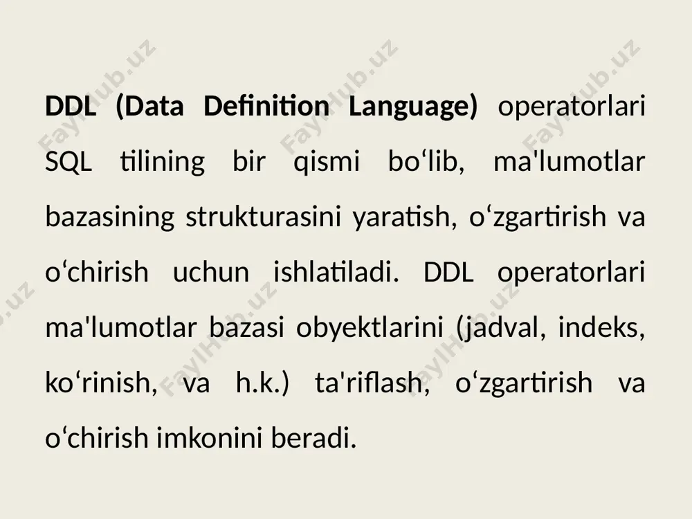 e table_name; ddl (data definition language) operatorlari: 4. truncate bu operator jadvaldagi barcha ma'lumotlarni o‘chirish uchun ishlatiladi, lekin jadvalning o‘zi saqlanadi. truncate operatsiyasi, ayniqsa, katta hajmdagi ma'lumotlarni tez o‘chirish uchun ishlatiladi. truncate table employees; truncate table table_name; ddl (data definition language) operatorlari: 5. rename bu operator jadval yoki ustunning nomini o‘zgartirish uchun ishlatiladi. rename table employees to staff; rename table old_table_name to new_table_name; commit va rollback buyruqlari sql tilida ma'lumotlar bazasidagi tranzaksiyalarni boshqarish uchun ishlatiladi. ular ma'lumotlar bazasi ustida amalga oshirilgan o‘zgarishlarning yakuniy holatini belgilashda muhim ahamiyatga ega. commit buyrug‘i tranzaksiyani yakunlab, uning davomida amalga oshirilgan o‘zgarishlarni ma'lumotlar bazasiga doimiy saqlash uchun ishlatiladi. bu buyruqdan so‘ng, barcha o‘zgarishlar saqlanadi va ular qaytarib olinmaydi. begin transaction; update employees set salary = salary * 1.1 where department = 'it'; commit; it bo‘limi xodimlarining maoshi 10% ga oshiriladi va commit bajarilgandan so‘ng o‘zgarishlar doimiy saqlanadi. rollback buyrug‘i tranzaksiyani bekor qilib, uning davomida amalga …