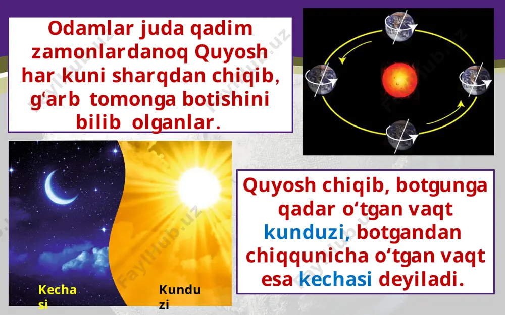 n shimolda joylashganligi sababli ularning kengligi shimoliy kenglik deyiladi. ekvatordan janubda joylashgan nuqtalarning kengligi esa janubiy kenglik deb belgilanadi shimoliy kenglik janubiy kenglik geografik uzunlik deb bosh meridiandan berilgan nuqtagacha bo‘lgan parallel yoyining daraja hisobidagi uzunligiga aytiladi. grinvich rasadxonasi london shahri yaqinidagi grinvich rasadxonasi meridiani bosh meridian deb qabul qilingan. yer yuzasining har bir nuqtaning kenglik va uzunligi uning geografik koordinatasi deb ataladi. savol va topshiriqlar: 1.sutka deb nimaga aytiladi? 2. yerda nechta geografik qutb bor? 3. bosh meridian qayerdan o’tkazilgan? 4. meridianlar va parallellar deganda nimani tushunasiz? image2.jpg image3.jpeg image4.jpeg image5.jpeg image6.jpeg image7.jpeg image8.png image9.jpg image10.png image11.jpeg image12.png image13.jpeg image14.jpeg image15.jpeg image16.jpeg image1.jpg