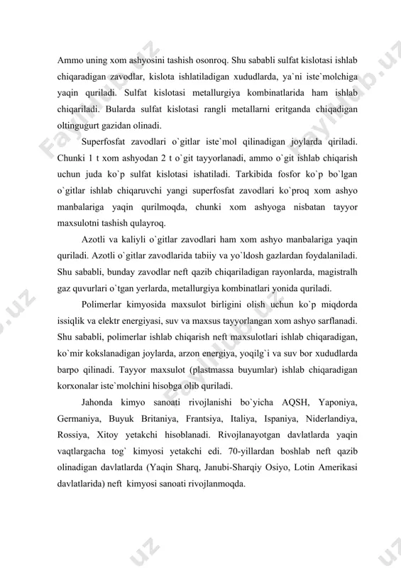 motor yoqilg`isi, surtish moyi, sintetik yoqilg`i), qurilish (yopishqoq material, plyonka, oyna, plastik) oladi. o`zbekistonda mineral o`gitlar, sulfat kislotalar, sun`iy tola, rezina, lok-bo`yoq, plastmassa buyumlar ishlab chiqaradigan tarmoqlar rivojlangan. adabiyotlar: 1. a.s.asomov «iqtisodiy va ijtimoiy geografiyaning dolzarb masalalari» toshkent. 1985 yil. 2. x. vaxobov, m. tillaboeva «iqtisodiy geografiya asoslari» toshkent. 2001 yil 3. xrushev a., geografiya promeshlennosti. moskva 1989 4. www.arxiv.uz