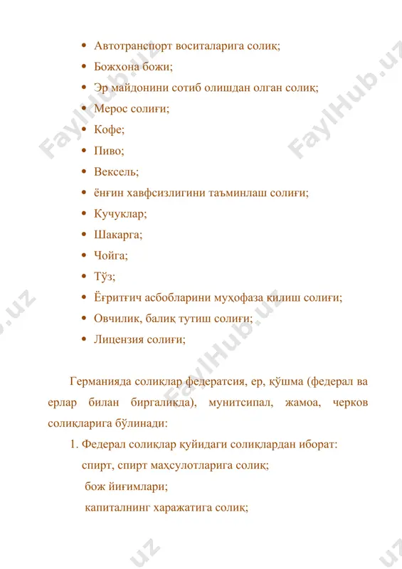 алар; - интернатлар; - илм-фан йўналишда фойдаланишда бўлган ер майдонлари. янги қурилган уй-жойлар учун ер солиғидан бир йил давомида уй эгалари озод этилади. ҳар 3 йилда ер солиғи суммаси белгилаб берилади ва ҳар кварталда тўланиши лозим. капиталдан олинадиган даромад солиғи жисмоний шахслардан олиниб, дивидентлар ва фоизларга нисбатан ҳисобланади. бюджетдаги жами даромадларга ушбу солиқнинг салмоғи 2-3%ни ташкил этади. солиқ ставкаси 25% қилиб белгиланган. буюк британияда - 25%, японияда - 20%, италияда - 30%, франтсияда -25%, шветсия -35%, испания -20%, ўзбекистон республикасида -15%, люксембург ва данияда бу солиқ умуман йўқ германияда мол-мулк солиғининг объекти бўлиб: 1. жисмоний ва юридик шахсларнинг кўчмас мулки. 2. қишлоқ хўжалиги ва ўрмон хўжалиги корхоналарнинг мол-мулки. 3. хусусий мулкнинг айрим турлари. 5. компанияларнинг ишлаб чиқарган мосламалари киради. юридик шахслар мол-мулки учун 0,6% белгиланган. жисмоний шахсларнинг кўчмас мулки, қимматли қоғозлари, банкларнинг фоизлари, санъат асарлари, қимматбаҳо буюмлари, хусусий самолётлари (аҳолиинг 10%), яхталари ва бошқа мол-мулклари солиққа тортилади. солиққа тортиладиган минимум …
