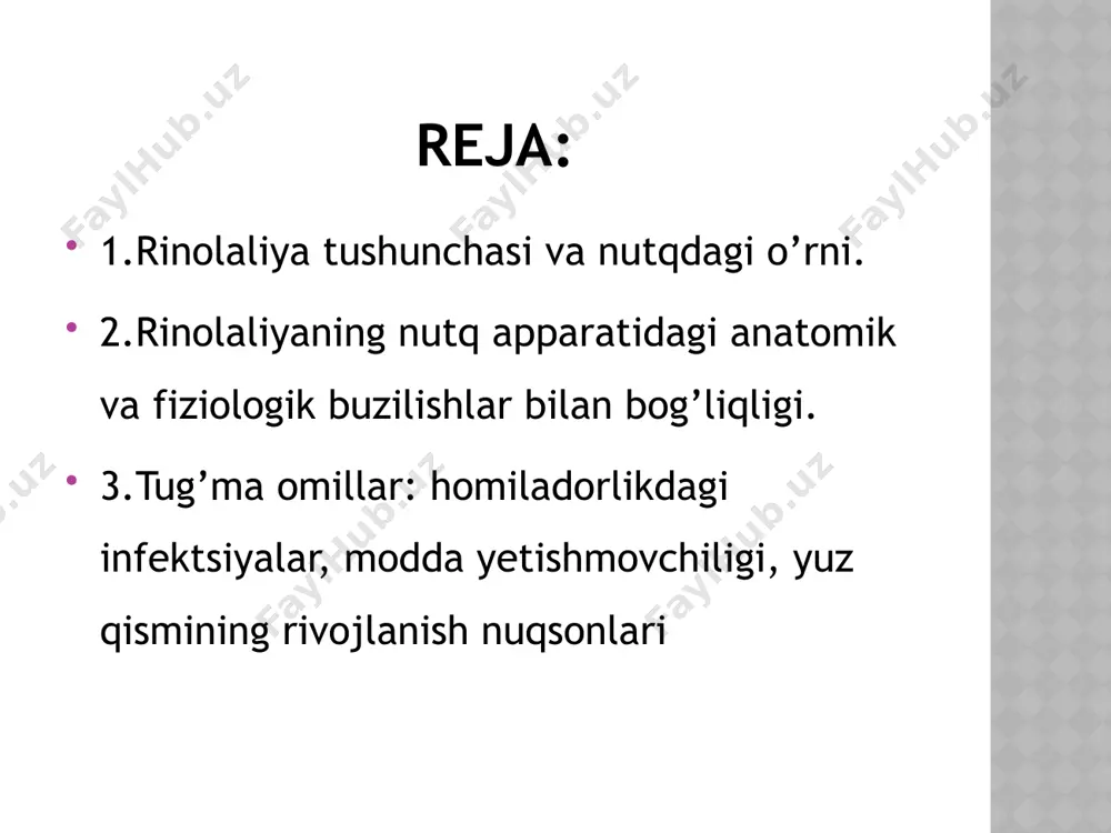 incha, yetarli darajada bo‘lmasligidir. oddiy sharoitda inson nutqini shakllantirishda rezonansning muhim qismi burun va og‘iz bo‘shlig‘i orqali taqsimlanadi. masalan, [m], [n], [ng] kabi tovushlar burun orqali shakllanadi va bu tabiiy jarayon. lekin agar boshqa tovushlar ham burun orqali talaffuz qilinadigan bo‘lsa yoki aksincha, burun tovushlari og‘iz orqali noto‘g‘ri shakllansa, rinolaliya yuzaga keladi. shunga ko‘ra, rinolaliya ikki asosiy turga bo‘linadi: giper-nazal va giponazal. rinolaliyaning nutq apparatidagi anatomik va fiziologik buzilishlar bilan bog‘liqligi haqida so‘z yuritganda, avvalo rinolaliya nutq buzilishlarining murakkab shakllaridan biri ekani, uning kelib chiqishida turli xil anatomik va funksional omillar muhim o‘rin tutishini ta’kidlash kerak. rinolaliya odatda ovoz va tovushlarning shakllanishida burun rezonansining noto‘g‘ri ishtiroki natijasida yuzaga keladi. bu buzilishning ildizida esa nutq apparatini tashkil qiluvchi a’zolarning anatomik rivojlanishidagi nuqsonlar yoki fiziologik faoliyatidagi buzilishlar yotadi. nutq apparatidagi anatomik buzilishlar rinolaliyani yanada og‘irlashtirishi mumkin. masalan, tishlarning noto‘g‘ri joylashuvi, jag‘ suyaklarining disproporsiyasi, lablarning tug‘ma yorig‘i kabi nuqsonlar tovushlarning aniq shakllanishiga to‘sqinlik …