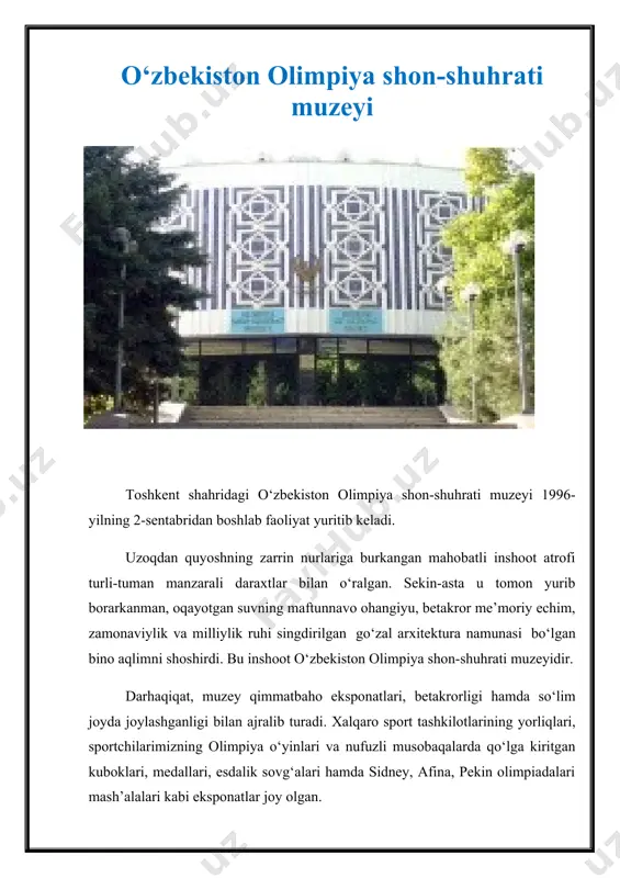 lar haqida hikoya qiluvchi eksponatlar (xaritalar, qurol-aslahalar, kumush va mis tangalar, miniatyuralar, noyob qo‘lyozmalar, kulolchilik, misgarlik, zargarlik buyumlari, matolar) o‘rin olgan. amir temur va temuriylar davrida me’morchilik san’atining yuksak rivojlanganligini aks ettiruvchi me’moriy obidalar: oqsaroy, ahmad yassaviy maqbarasi, bibixonim jome masjidi, ulug‘bek madrasasi, ulug‘bek rasadxonasi, go‘ri amir, tojmahal maqbaralarining maketlari ham namoyishga qo‘yilgan. “qatag’on qurbonlari xotirasi” muzeyi o’zbekiston mustaqil respublika deb e’lon qilingandan keyin mamlakatda prezident i.a.karimov rahbarligida amalga oshirilgan xayrli ishlardan biri chor va sovet mustamlakachiligi yillarida begunoh qurbon bo’lgan, o’tgan asrning 30-50-yillarida “xalq dushmani” sifatida qatag’on etilgan va shu sababli nomlari o’zbek xalqi hamda madaniyati tarixidan o’chirib yuborilgan siymolar xotirasini abadiylashtirish orqali tarixiy adolatni tiklash bo’ldi. respublika prezidentining 1999-yil 12-mayda imzo chekkan farmoyishiga ko’ra, mustamlakachilik davri qurbonlari xotirasini abadiylashtirish komissiyasi tuzildi. shu yili iyul oyida hukumat qarori asosida “shahidlar xotirasi” xayriya jamg’armasi tashkil etildi. natijada bo’lg’usi muzeyning ko’rgazma vositalarini shakllantirish boshlandi. 2000-yil 12-may kuni toshkentning yunusobod tumanida barpo …