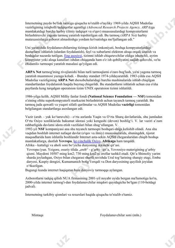 . har bir qurilmaning xususiyatini qisqacha yoritib o'tamiz. server — tarmoq ishini ta'minlovchi maxsus kompyuter. server disklarida kompyuterlarni birgalikda ishlash imkonini beruvchi dasturlar, ma'lumotlar omborlari va boshqalar saqlanadi. bundan tashqari, serverlar modemli va faksli aloqalarni, ma'lumot larni bosmaga chiqarish ishlarini amalga oshiradi. serverda joylashgan dasturlardan foydalanish doirasi umumiy masalaning qo'yilishiga ko'ra cheklangan bo'lishi mumkin. konsentrator (hub)—tarmoqda kompyuterlarni o'zaro axborot almashinuvini ta'minlovchi maxsus qurilma. ular 8, 12, 16 ta kompyuterni o'zaro bog'lashi mumkin. axborotni uzatish kabellari tarmoqda axborotni bir kompyuterdan boshqasiga uzatish uchun xizmat qiladi (odatda, koaksial kabel ishlatiladi). modem — axborotni kompyuterdan uzatish kabeliga o'tkazuvchi maxsus elektron qurilma. modem «modulator» va «demodulator» so'zlari birikmasidan hosil bo'lgan. bu qurilma yordamida axborotlar uzatuvchi kompyuterda raqamli ko'rinishdan analog ko'rinishiga aylantiriladi, shuningdek, qabul qiluvchi kompyuterda analog ko'rinishidan raqamli ko'rinishga aylantiriladi. boshqacha aytganda, modemning vazifasi kompyuterda «0» va «1» ko'rinishida tasvirlangan ma'lumotni ikki asosiy chastotali telefon signallariga va aksincha, telefon signalini «0» va «1» yordamida …