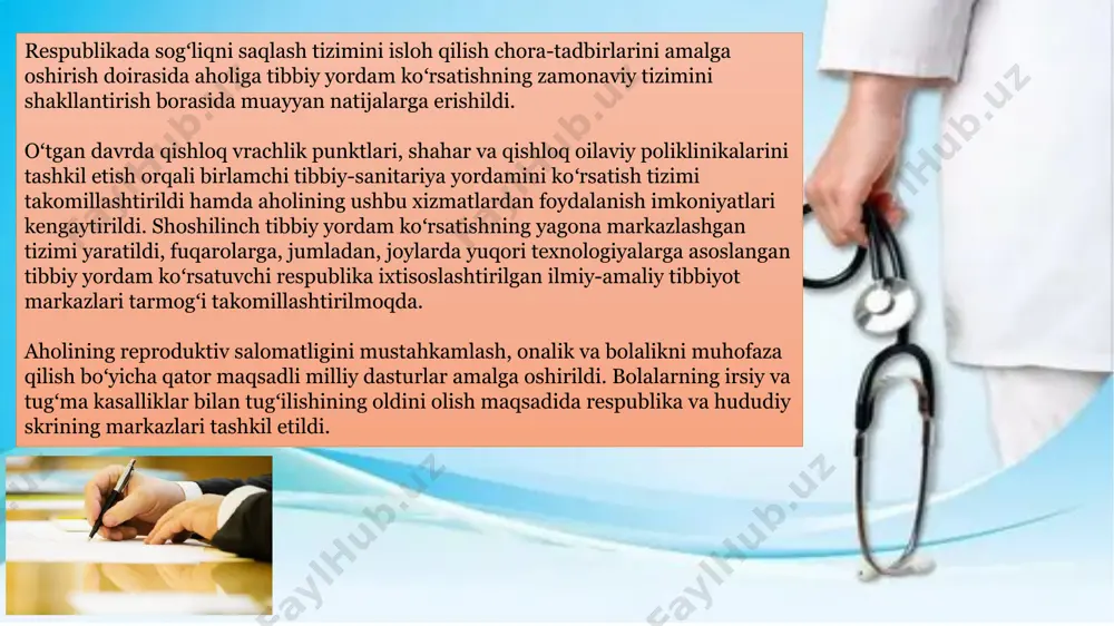 ash, tibbiy xizmatlar uchun klinik-xarajat guruhlari boʻyicha “har bir davolangan holat” uchun toʻlash tizimini hamda kishi boshiga moliyalashtirishning yangi mexanizmlarini joriy etish, shuningdek, majburiy tibbiy sugʻurtani bosqichma-bosqich joriy etish; tibbiy yordamning samaradorligi, sifati va ommabopligini oshirish, shuningdek, tibbiy standartlashtirish tizimini shakllantirish, tashxis qoʻyish va davolashning yuqori texnologik usullarini joriy etish, patronaj xizmati va dispanserizatsiyaning samarali modellarini yaratish orqali sogʻlom turmush tarzini qoʻllab-quvvatlash va kasalliklarni profilaktika qilish; tibbiy genetikani, ayollar va bolalarga shoshilinch va ixtisoslashgan tibbiy yordamni rivojlantirish asosida, zamonaviy skrining dasturlarini joriy etish, “ona va bola” hududiy koʻp tarmoqli tibbiyot majmualari va maʼlumotlar tizimlarini shakllantirish asosida onalik va bolalikni muhofaza qilish tizimini takomillashtirish; xususiy sogʻliqni saqlash tizimi, davlat-xususiy sherikligini va tibbiy turizmni rivojlantirish, sogʻliqni saqlash sohasiga investitsiyalarni keng jalb etish uchun qulay shart-sharoitlar yaratish va raqobat muhitini yaxshilash; farmatsevtika tarmogʻini yanada rivojlantirish, narx shakllanishi mexanizmlarini takomillashtirish, dori vositalari, tibbiy texnika va buyumlar ishlab chiqarish hajmi va turlarini kengaytirish; tibbiy kadrlarni …