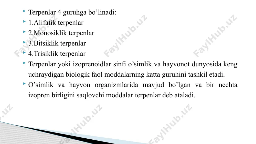 ing chiziqsimon makromolekulasi minglab izopren qoldiqlari (zvenolari) dan tuzilgan: image1.jpeg image2.emf image3.emf image4.emf image5.png image6.png image7.png image8.png image9.png image10.png image11.png image12.png image13.emf image14.emf image15.png image16.png image17.png image18.png c=c-c=c c ch 3 ch 2 mirsen- xmel moyi tarkibida uchraydi ch 3 ch 3 geraniol - atirgul moyi tarkibida uchraydi ch 2 =ch-c-ch 2 -ch 2 -ch=c-ch 3 ch 3 -c=ch-ch 2 -ch 2 -c=ch-ch 2 -oh ch 3 ch 3 oh linalool - marvaridgul tarkibida uchraydi ch 3 ch 3 o h stiral- evkalipt moyi tarkibida uchraydi ch 3 -c=ch-ch 2 -ch 2 -c-ch=ch 2 ch 3 -c=ch-ch 2 -ch 2 -c=ch-c h 3 c ch 3 ch=ch-c(ch 3 )=ch-ch=ch-c(ch 3 )=ch-ch 2 oh ch 3 retinol (vitamin a) h 3 c ch 3 r ch 3 ch 3 ch 3 ch 3 ch 3 h 3 c h 3 c ch 3  - karotin h 3 c h 3 …