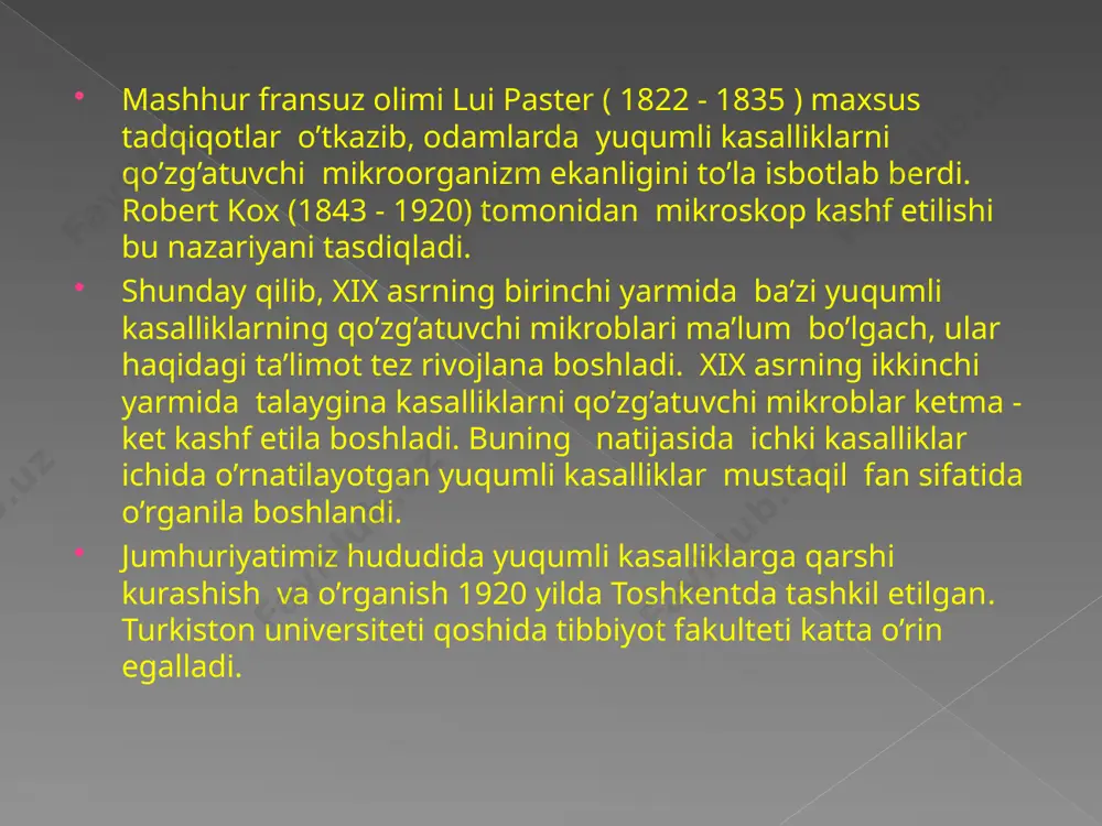 alliklarning qo’zg’atuvchilari faqat bemorning qonida bo’ladi. shu sababdan bu kasalliklar faqat qon so’radigan hashoratlar chaqishi orqaligina yuqadi. bu kasalliklar o’z navbatida ikki guruhchaga bo’linadi. 1) tipik qon orqali yuqadigan kasalliklardan ( malya-riya, rikketsiozlar, qaytalama tiflar, pappatachi, denge, leyshmanioz, endemik ensefalitlar, sariq isitma, tripanosomalar, folyariozlar ) 2) boshqa hamma qon orqali yuqadigan yuqumli kasalliklar eronozdirlar va ikkinchi guruhchani tashkil qiladi (o’lat, tulyaremiya ). bu kasalliklar kiyim - kechak , bosh kiyimi, choyshab, yostiq jildi, idish- tovoq, kunlik ishlatadigan buyumlar, suv, ifloslangan qo’l orqali yuqadi. kamdan - kam kasallik bemor bilan bevosita kontakda bo’linganda yuqadi (venerik kasalliklar, kuturish). organizmning kasallik tug’diruvchi mikroblari va tabiatan infeksion bo’lgan moddalarga berilmasligi immunitet deb ataladi. immunitet (lotincha immunitas - biror narsadan xolos bo’lish degan so’zdan olingan). immunitet asosida tirik organizmlarning genetik jihatdan yot bo’lgan molekulyar strukturalarni tanib, ajratib olish layoqati yotadi. immunitet mexanizmlari va omillari organizmni infeksion kasalliklarga berilmaydigan qilib qo’yishdan tashqari, ko’chirib o’tkazishda organ va …