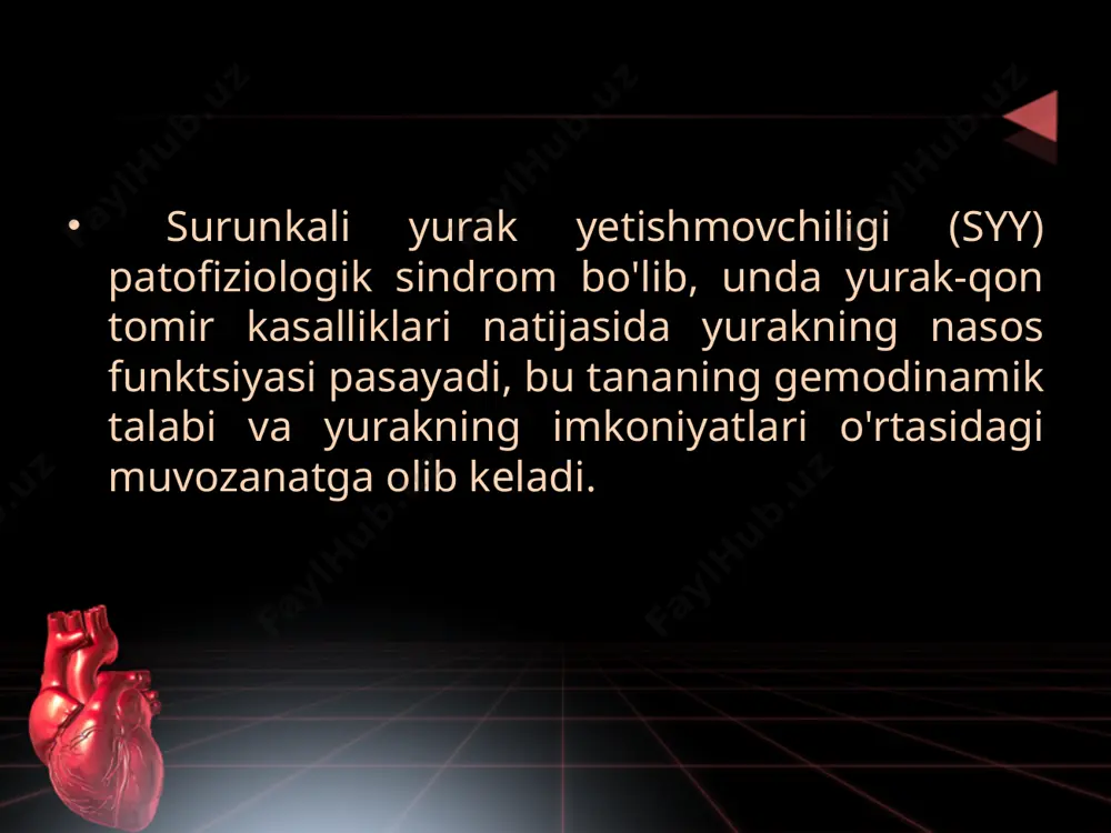 likning rivojlanishi bilan bcc ortadi va ko'payadi, qon tomir to'shagida ko'p miqdorda qon to'planadi, tomirlar devorlarining o'tkazuvchanligi buziladi va qonning suyuq qismi to'qimalarga terlaydi. . qonda to'plangan karbonat angidrid, qon harakatini sekinlashtirganda, retseptorlarni bezovta qiladi va refleksli ravishda nafas olishning kuchayishiga olib keladi. n.d.strajesko va v.x.vasilenko bo’yicha syy tasnifi bosqichlar xos belgilar i surunkali yurak yetishmovchiligining yashirin davri. subyektiv belgilar ma’lum bir jismoniy zo’riqishlardan keyin paydo bo’ladi va tinch holatda gemodinamik o’zgarishlar kuzatilmaydi. iia klinik belgilar tinch holatda biroz bezovta qiladi. jismoniy zo’riqishga chidamlilik kamayadi, katta yoki kichik qon aylanish doirasida yaqqol bo’lmagan gemodinamik o’zgarishlar, bo’g’ilish xurujlari,shish va jigar kattalashishi. iib klinik belgilar tinch holatda ham yaqqol namoyon bo’ladi. katta va kichik qon aylanish doiralarida kuchli gemodinamik buzilishlar kuzatiladi. yurak astmasi xurujlari tez-tez qaytalanadi. doimiy periferik yoki organizm bo’shliqlarda qaytalanuvchi shishlar. jigar turg’un kattalashgan. iii terminal bosqich-bir oz harakat yoki tinch holatda ham og’ir gemodinamik siljishlar, a’zo va to’qimalarsa chuqur, …