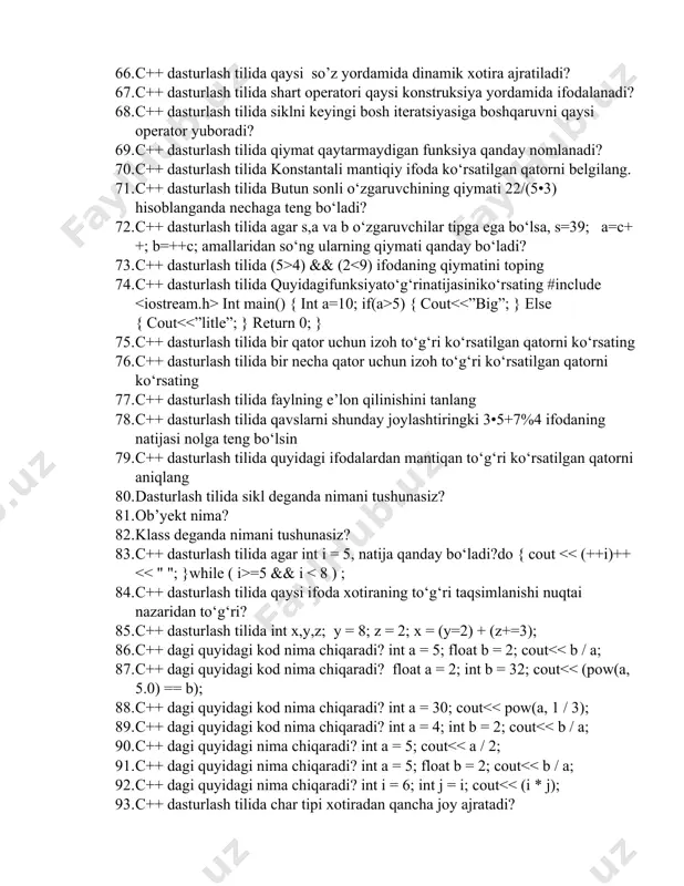 tli operator to‘g‘ri berilgan strukturani ko‘rsating? 60. c++ dasturlash tilida “a ga b ningqiymatita’minlangan” deganyozuvqandaytavsiflanadi? 61. c++ dasturlash tilida getch( ) funksiyasi qaysi sarlavha fayliga tegishli va qaysi kvadratga bog’langan? 62. c++ dasturlash tilida xotiradagi xajmni xisoblash amalini ko’rsating 63. c++ dasturlash tilida qaysi tipli o’zgaruvchi bilan razryad bo’yicha amallarni qo’llash mumkin emas? 64. c++ dasturlash tilida qaysi operator yordamida ko’p alternativli tanlash bajariladi? 65. c++ dasturlash tilida siklni keyingi bosh iteratsiyasiga boshqaruvni qaysi operator yuboradi? 66. c++ dasturlash tilida qaysi so’z yordamida dinamik xotira ajratiladi? 67. c++ dasturlash tilida shart operatori qaysi konstruksiya yordamida ifodalanadi? 68. c++ dasturlash tilida siklni keyingi bosh iteratsiyasiga boshqaruvni qaysi operator yuboradi? 69. c++ dasturlash tilida qiymat qaytarmaydigan funksiya qanday nomlanadi? 70. c++ dasturlash tilida konstantali mantiqiy ifoda ko‘rsatilgan qatorni belgilang. 71. c++ dasturlash tilida butun sonli o‘zgaruvchining qiymati 22/(5•3) hisoblanganda nechaga teng bo‘ladi? 72. c++ dasturlash tilida agar s,a va b o‘zgaruvchilar tipga …