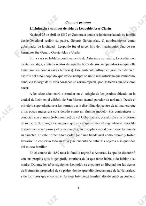 rtad por las tierras de guimarán, propiedad de su padre, donde aprendió directamente de la naturaleza y de los libros que encontró en la vieja biblioteca familiar, donde entró en contacto por primera vez con dos autores que fueron sus maestros: cervantes y fray luis de león. el 4 de octubre de 1863, a la edad de once años, leopoldo ingresó en la universidad de oviedo en lo que se llamaban «estudios preparatorios», matriculándose en las asignaturas de latín, aritmética y doctrina cristiana. el curso lo terminó con la nota de sobresaliente y con la adquisición de tres buenos amigos: armando palacio valdés, tomás tuero (que fue también escritor, traductor y crítico literario) y pío rubín (escritor). clarín fue padre de leopoldo garcía alas argüelles, rector de la universidad de oviedo, quien fue fusilado por el bando sublevado en febrero de 1937, y bisabuelo del jurista leopoldo tolivar alas. este …