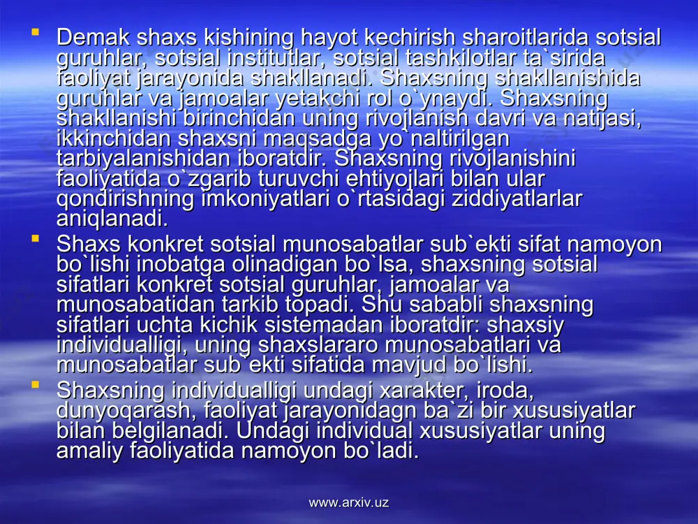 o`lsa shunday xulosaga kelish mumkinki, yuqorida ko`rsatilgan fikrlarda qimmatli asos borligini bilish mumkin. www.arxiv.uz www.arxiv.uz avvalambor shuni ta`kidlash kerakki, sotsial munosabatlar tushunchasi ko`pgina adabiyotlarda 2 xil darajada: keng ma`noda va tor ma`noda talqin qilingan, ushbu muammoni keng ma`noda tushinish — bu sotsial munosabatlarni butun bir ijtimoiy munosabatlar tizimi bilan tenglashtirishdir, va ular orasidagi farqlarga e`tibor bermaslik bilan bog`liqdir. tor ma`noda sotsial munosabatlar ijtimoiy munosabatlarining bir muhim elementi va turi deb interpretatsiya qilinadi. sotsial munosabatlar keng ma`noda quyidagicha ta`rif bilan belgilangan. sotsial munosabatlar bu tabiat hodisalaridan o`laroq bo`lib, unda ijtimoiy munosabatlarning butun bir tizimi mujassamlashgandir. keyinchalik sotsial munosabatlarni ham keng, ham tor ma`noda talqin qilish jarayonlari takomillashib bordi. albatga yuqorida keltirilgan ta`riflar bu munosabatlarni materializm ta`limoti metodologiyasi asosida shakllangan ko`rinishidir. sotsial munosabatlarga berilgan ta`riflar bir-birlaridan shakl jihatidan farqlansalar ham lekin mazmun jihatidan bir-birlaridan deyarli farqlari yo`q, deb ta`kidlansa mubolag`a bo`lmaydi. www.arxiv.uz www.arxiv.uz chunki ularning asosini materialistik dialektika metodologiyasi tashkil qiladi. shuning …