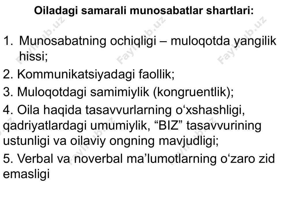 atish imkoniyatlari ziddiyat bosqichi 92 % nizo bosqichi 46 % nizo kulminatsiyasi - affekt 5% nizodan keyingi bosqich 20% nizolarni hal etish usullari 1. «sen – men» munosabat 2. egotsentrik tizimdan sotsiotsentrik tizimga o‘tish 3. o‘zganing holatini refleksiya etish verbalizatsiya texnikasi doimo ziddiyat holatiga qaytish oilada va xizmatdagi ssenariy o‘yinlari (bern - tranzakt analizlari) ota-ona katta kishi yosh bola ota-ona katta kishi yosh bola bir vaktning o‘zida ikkita signal jo‘natish - o‘yindir ota-ona katta kishi yosh bola ota-ona katta kishi yosh bola m e d i a ts i ya uchinchi tomonning ishtiroki nizoning barcha ishtirokchilarini jalb etish ixtiyoriylik bitimga, kelishuvga intilish mediatsiya texnikasidagi asosiy qadamlar dastlabki bosqich: ikkala tomonning uchrashuvi; 2. mediativ suhbat: a) kirish b) tomonlarning nizoni idrok etishi c) nizo tabiatini aniqlashtirish: (manfaatlar, yashirin sabablar, hislar); d) muammoni hal etish: echim variantlarini izlash va yaratish e) kelishuv 3. amalga oshirish bosqichi: kelishuvni tekshirish va zarur bo'lganda o'zgartrishlar …