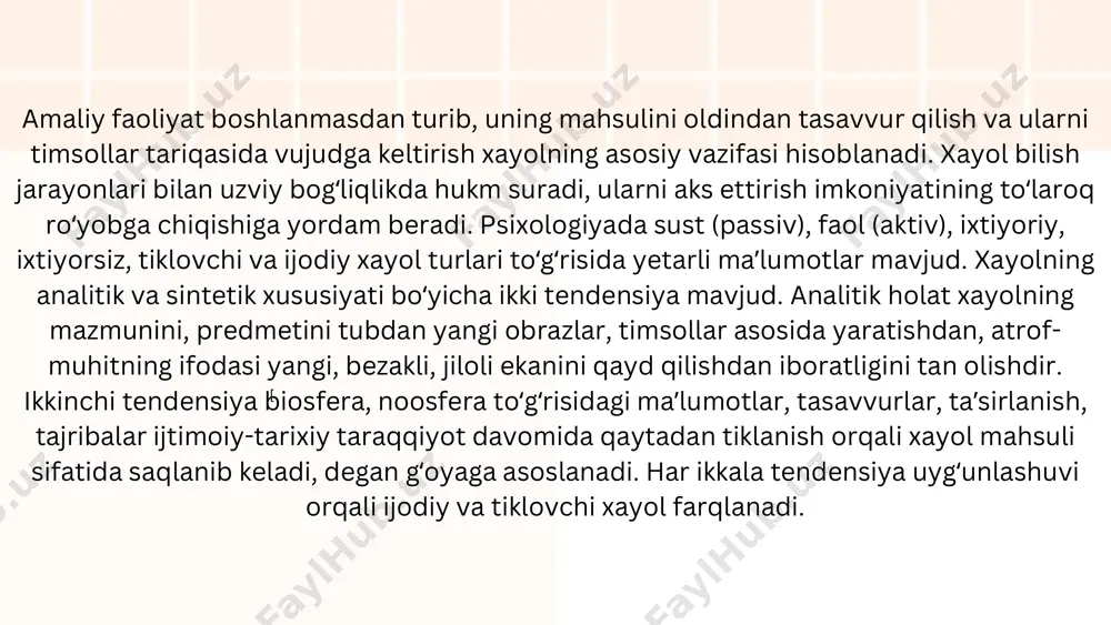 sharoitlarga tez moslasha olish va turli muammolarga ijodiy yechimlar topish. erkin fikrlash – an'anaviy va cheklangan qarashlardan xoli bo‘lish. orzularning serqirraligi – hayotning turli jabhalariga oid boy va rang- barang orzular. masalan: ijodkorlar, yozuvchilar, san’atkorlar va ilm-fan olimlari odatda keng hayolga ega bo‘ladilar, chunki ular yangilik yaratish va mavjud narsalarga yangicha yondashish imkoniyatiga ega. tor hayol — insonning tasavvur va fikrlash doirasi cheklangan, yangilikka yopiq va an'anaviy qarashlarga qattiq bog‘langan holatdir. bunday odamlar odatda yangi g‘oyalar yoki noodatiy yechimlarni qabul qilishda qiynaladilar. tor hayolning asosiy belgilari 1. tasavvurning cheklanganligi yangi va noodatiy g‘oyalarni tasavvur qilish qiyin bo‘ladi. fikrlar odatda mavjud tajriba va an'anaviy qarashlarga asoslanadi. 2. yangi g‘oyalarga qarshilik yangilik va o‘zgarishlarga salbiy munosabatda bo‘lish. odatdagidan farq qiladigan fikr va qarashlarni qabul qilishga tayyor bo‘lmaslik. 3. standart va shablon fikrlash muammolarga doimo oddiy va bir xil yondashuv bilan qarash. an'anaviy va sinovdan o‘tgan usullardan tashqari variantlarni ko‘rmaslik. 4. ijodiy fikrlashning …