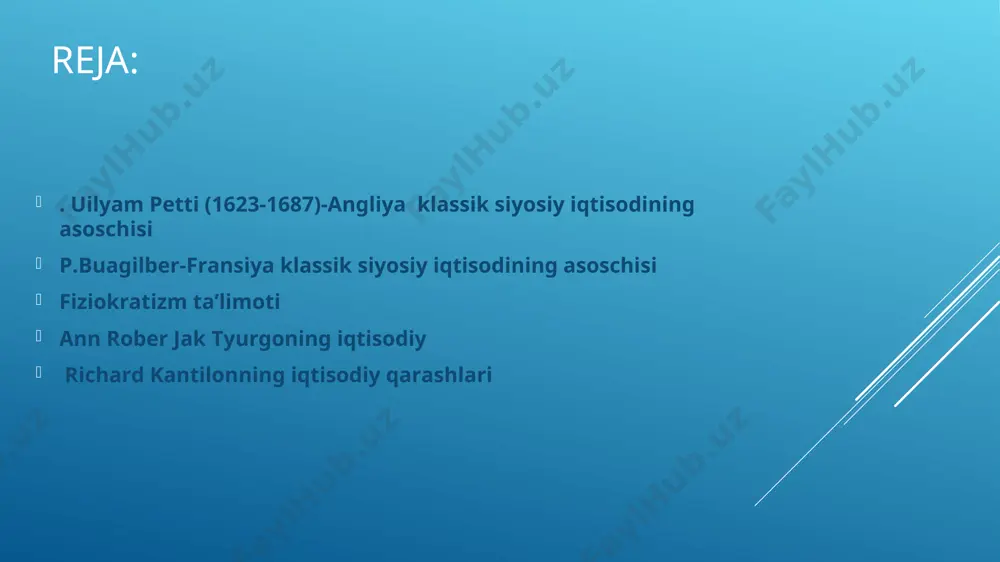 da fikr yuritiladi, uningcha, davlatning bunday xatti-harakati mamlakatga import tovarlarni olib kelishni man etish bilan bir xildir; pulning muomila vositasi sifatidagi roli talqin qilinadi, lekin tovar va pul bozorlari o‘rtasidagi o‘zaro bog‘liqlik inkor etiladi. qiymat nazariyasi u.petti qiymatni talqin qilishda ikki xil yondashuvga asoslanadi: - 1-yondashuv: tovar qiymati kumush qazib oluvchi mehnat bilan yaratiladi va uning “tabiiy bahosi” hisoblanadi. kumush qiymatiga tenglashtirilgan tovarlar qiymati tovarning “haqiqiy bozor qiymati” hisoblanadi. - 2-yondashuv: tovar qiymati mehnat va yer ishtirokida yarati-ladi (ko‘rinib turibdiki, har ikki yondashuv bo‘yicha tovar bahosi asosida sarfli mexanizm yotadi). ishchining daromadi sifatidagi ish haqi, bu mehnatga to‘lanadigan haq bo‘lib, uning darajasi ishchining va uning oilasining yashashi uchun zarur bo‘lgan vositalar minimumi bilan belgilanadi. yer egalarining daromadi sifatidagi renta bu, qishloq xo‘jaligida ishlab chiqarilgan mahsulot qiymati bilan uni ishlab chiqarishga ketgan xarajatlar o‘rtasidagi farq deb ko‘rsatiladi (bu renta to‘g‘risidagi birinchi qarash). yer uchastkasining bozorga uzoq–yaqinligiga bog‘liq bo‘lgan renta (bu renta …