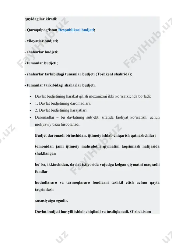 ar kelgusi davr xarajatlari orqali ishlab chiqarilgan mahsulot tannarxiga qo’shiladi (er solig’i, mol-mulk solig’i, ekologiya solig’i va boshqalar). shu o’rinda soliqlarni guruhlashning asosi hisoblangan, ularni xo’jalik yurituvchi sub’ektlar moliyaviy faoliyatiga ta’sir etishiga qarab quyidagilarga ajratishimiz mukin: · mamlakatimizda amal qilayotgan soliqlarning ayrimlari koxonalar ho’jalik faoliyatining oxirgi moliyaviy natijasidan byudjetga to’lanadigan aksariyat soliqlar va majburiy to’lovlar kelgusi davr xarajatlari orqali ishlab chiqarilgan mahsulot tannarxiga qo’shiladi (er solig’i, mol-mulk solig’i, ekologiya solig’i va boshqalar). shu o’rinda soliqlarni guruhlashning asosi hisoblangan, ularni xo’jalik yurituvchi sub’ektlar moliyaviy faoliyatiga ta’sir etishiga qarab quyidagilarga ajratishimiz mukin: · 1. tovar (ish, xizmat) lar oborotidan to’lanadigan soliqlar. bunday soliqlarga asosan egri soliqlar kiradi, ya’ni qo’shilgan qiymat solig’i, aktsiz solig’i jismoniy shaxslardan transport vositalariga benzin, dizel yoqilg’isi va suyultirilgan gaz ishlatganlik uchun olinadigan soliq, bojxona bojlari. · 2. ishlab chiqarish tannarxiga kiritiladigan soliqlar: pensiya fondiga ajratmalar, kasaba uyushmalari federatsiyasiga ajratmalar, bandlik fondiga ajratmalar va boshqalar. · 3. davr xarajatlariga …