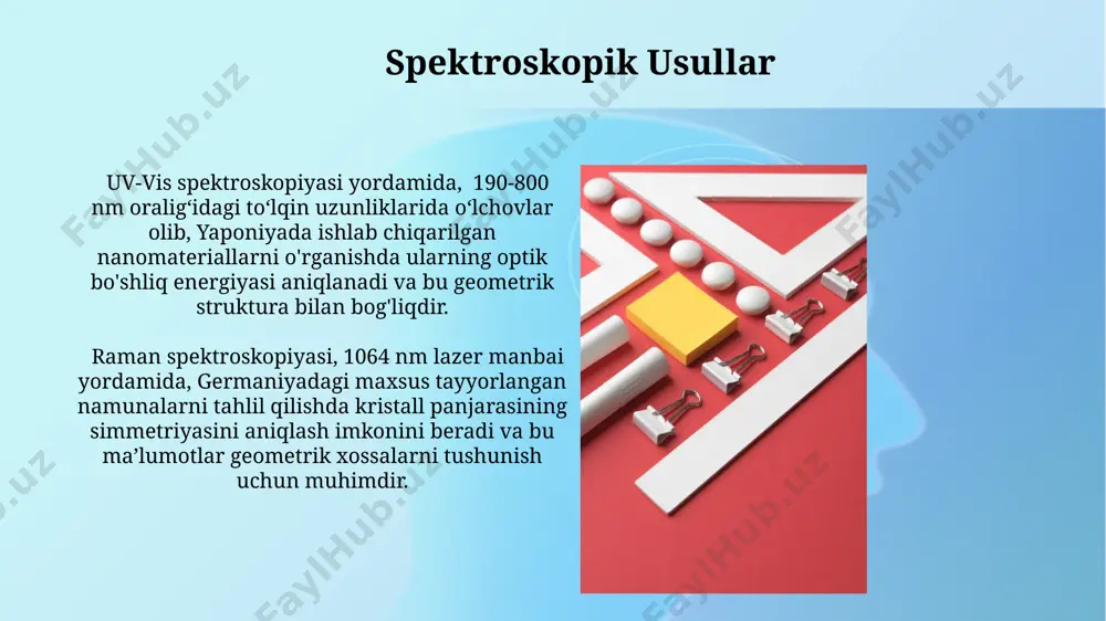 istall panjaralarning o'lchamlarini aniqlash mumkin, masalan, rentgen difraktometriyasi yordamida germaniyada o'tkazilgan tadqiqotlarda isbotlangan. mikroskopik tahlil usullari 3d lazer skanerlash texnologiyasi yordamida xorazm viloyatida olingan 1000 dan ortiq geometrik materiallar namunalarining 3d modellari yaratildi va bu modellarning geometrik parametrlari aniqlandi. mikroskopik tahlil usullarida, masalan, 200x va 500x kattalashtirishda olingan rasm va videolarni tahlil qilish orqali toshkentdagi materiallarni o'rganishda katta miqdordagi ma'lumotlar olinadi. e'tiboringiz uchun rahmat @taqdimot_robot image2.jpg image3.jpg image4.jpg image5.jpg image6.jpg image7.jpg image8.jpg image9.jpg image10.jpg image11.jpg image12.jpg image13.jpg image14.jpg image15.jpg image1.png