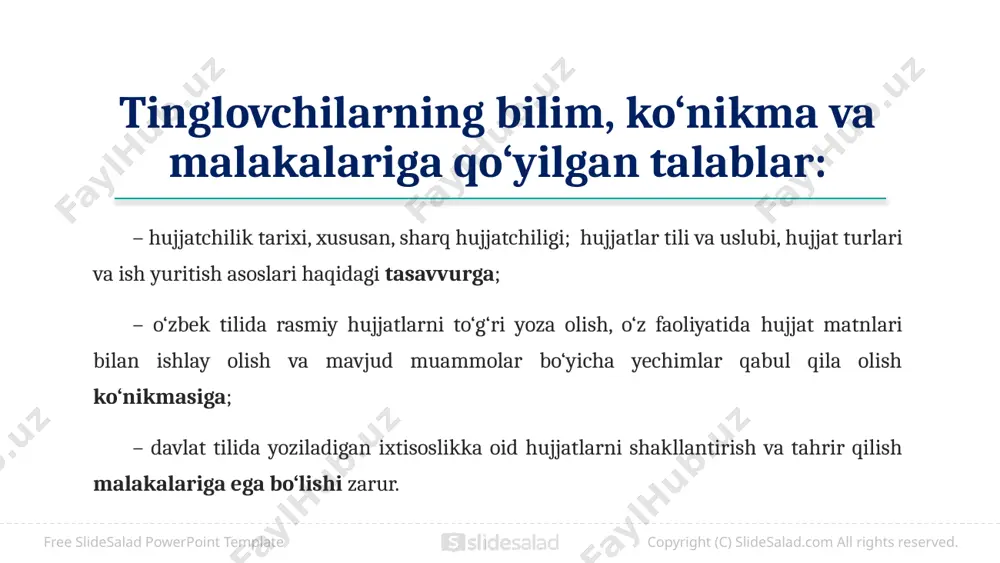 pyright (c) slidesalad.com all rights reserved. free slidesalad powerpoint template 15 rossiyada hujjat yuritish ix-x asrlardan boshlangan. x asrga kelib shartnomalarda muhrlar qo‘llana boshlagan. xiv asr oxirlaridan boshlab hujjatlar qog‘ozlarda o‘z ifodasini topishga o‘tgan. manbalar pyotr davrida “dokument” so‘zining ishlatila boshlaganidan darak beradi. u tor ma’noda shaxsni tasdiqlovchi hujjat (pasport) o‘rnida ishlatilgan. keng ma’noda – guvoh beruvchi, ibratli, namunali, dadil, isbotlovchi ma’nosida qo‘llanilgan. copyright (c) slidesalad.com all rights reserved. free slidesalad powerpoint template 16 turkiston respublikasidan ajralib chiqqan o‘zbekiston respublikasi 1924-yil 31-dekabrda 48-raqamli “ishlarni o‘zbek tilida yuritish” to‘g‘risida muhim qaror qabul qildi. qarorda butun boshqaruv idoralarida hamma rasmiy ish qog‘ozlari faqat o‘zbek tilida yuritish, o‘zbekcha rasmiy hujjatlar tuzish, yo‘riqnomalarni tayyorlash topshirildi. qarorni hayotda qo‘llash uchun ishchi hay’at yuzaga keldi. har bir tashkilot, muassasa va idoralarda ish yuritish bo‘limlari tashkil qilindi. qarorda dekretga bepisand qarovchilarga chora ko‘rish kerakligi ta’kidlangan edi. ish qog‘oz namunalari maxsus tayyorlandi. ammo 30-yillarda vaziyat o‘zgardi, milliy tillar, …