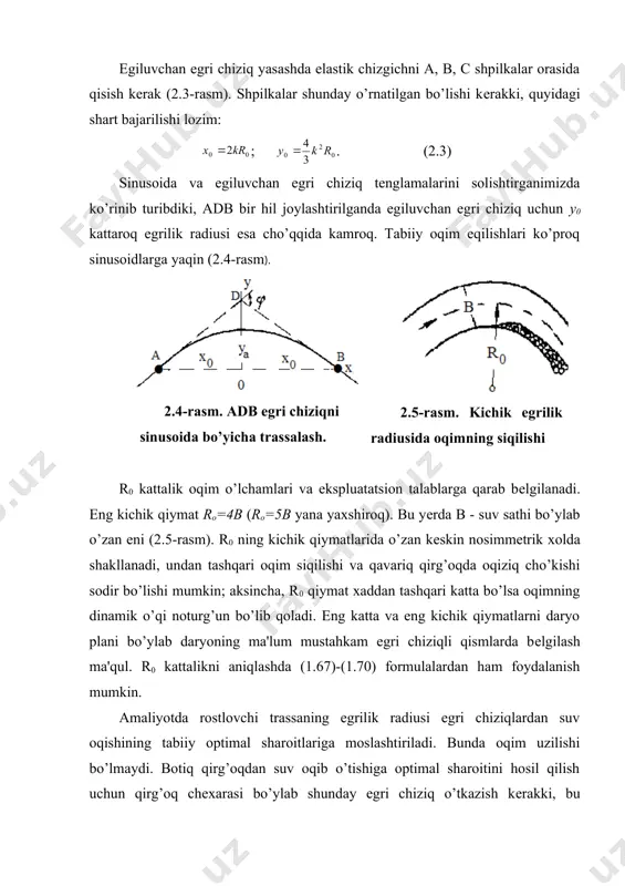 n kichik radiusli egri chiziqlar bilan o’tkazish kеrak. bu holda trassa enini nafaqat saqlab holish, balki uni plеslardagi normal enlarga nisbatan 10-20g’ga kamaytirish ham mumkin bo’ladi. turli enli trassa qismlari planda o’zaro silliq qo’shilib kеtishi lozim. daryo o’zanida rostlash inshootlarining joylashuvi va sxеmalari rostlovchi inshootlarni daryo o’zanini tashkil qiluvchi gruntlarni va boshqa mahalliy sharoitlarni hisobga olgan holda hamda o’zanning va uning qirg’oqlarining qayta shakllanishini (orolchalar hosil bo’lishi, irmoqlar to’lib qolishi, qirg’oqlar yuvilishi va h.k.) iloji boricha chuqurroq o’rganishga asoslanib tarkiblash (komponovkalash) kеrak. o’zan nisbatan mustahkam bo’lgan uchastkalarda burilishlarni to’g’rilash va daryoda o’rnatilgan suv sathi nishabliklarini buzishga intilish kеrak emas. rostlovchi trassani loyihalayotganda, muz rеjimini va ayniqsa rostlanayotgan maydonda hamda unga birikgan maydonlarda muzning birinchi siljishi vaqtidan boshlab bahorgi muz oqish hususiyatini hisobga olish kеrak. o’zanni qiya egri chiziqlar tizimi bo’yicha rostlashda rostlovchi inshootlarni daryoning ikki qirgogida joylashtirish kеrak va ularni asosan botiq qirg’oq uchastkalarida to’plash kеrak (2.6-rasm). botiq qirg’oq egriligi …
