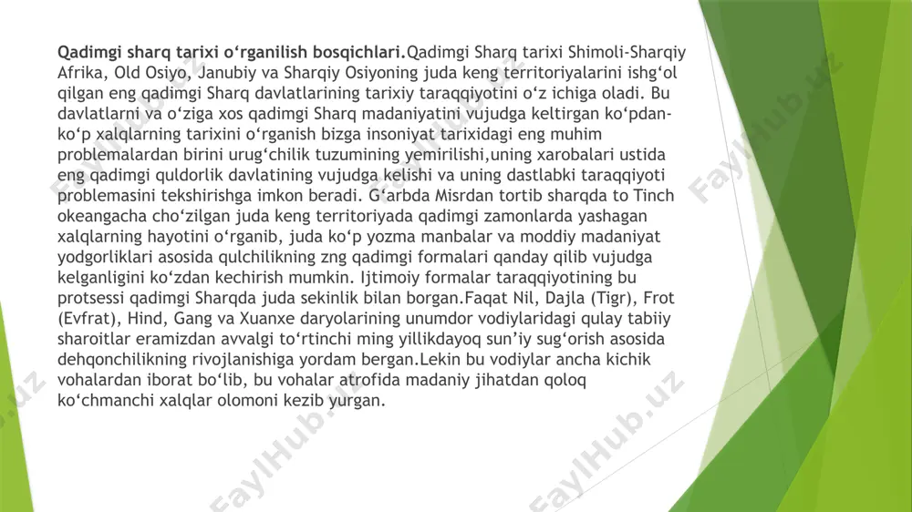 ar bilan qullar o‘rtasidagi sinfiy antagonizm davlatning paydo bo‘lishiga olib kelgan, davlat quldorlarga qullar va kambag‘allarning qarshiligini bostirmoq uchun zarur bo‘lgan. qadimgi sharqdagi bu davlat sharq despotiyasi deb atalgan alohida xarakterdagi bir formaga kirib, bunda butun oliy hokimiyat tamomila podsho qo‘lida bo‘lgan.barcha yer-suv davlat mulki hisoblangan. despotiya moddiy qudratining manbai ham ana shunda. qadimgi sharq davlatlari eng qadimgi va eng tipik despotiya bo‘lish bilan birga, ba’zi jihatdan ilk davrlardagi rim imperiyasining va o‘rta asrlar yevropasining katta davlatlariga o‘xshab ketadi. qadimgi sharqdagi hatto eng yirik va eng qudratli podsholiklar ham mustahkam iqtisodiy aloqalar negizida emas, balki istilolar asosida tashkil topgan. ular uzoq davom etmaydigan, tagi bo‘sh davlatlar bo‘lib,ayrim-ayrim qabila va xalqlardan tashkil topgan, bu qabilalar va xalqlar, albatta, hali millat bo‘lib birlasha olmas edi. qadimgi sharqdagi turli xil tillarni, ya’ni qadim zamonlarda shimoli-sharqiy afrikada va osiyoning ko‘p yerlarida yashagan ko‘pdan-ko‘p qabila va xalqlar tillarini va yozuvlarini o‘rganish asosida, ko‘proq ana shu …