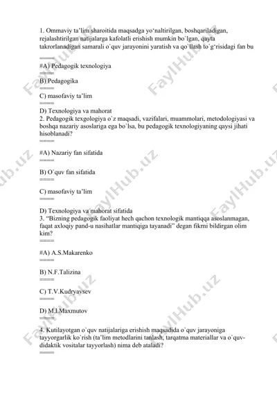 pedagogik texnologiya saollar javobi bilaj — DOCX