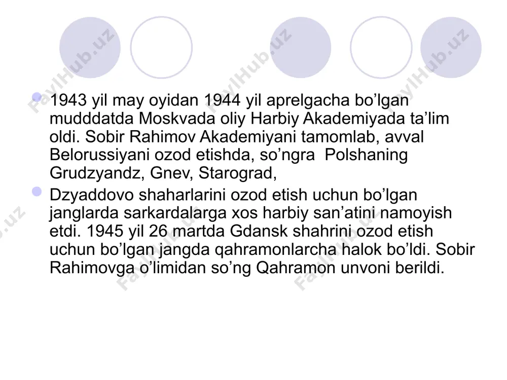 vor bo’ladi. fransiyada 37 millat va elatlarga mansub 2200 sovet harbiy asirlaridan tuzilgan partizanlar polki a.a.kozaryan qo’mondonligida frantsuz partizanlari bilan birgalikda jang qilib, ales, vilfor, sen-sheli shaharlarini, gar va lozer departamentining qishloqlarini fashistlardan ozod qildilar. bu janglarda samarqandlik abdulla rahmatov, bulung’ur tumanidan sariboy shomurodov, toshkentliklar - rahmon rahimov, nasib amirov va boshqalar faol qatnashdi. frantsiyaning janubini ozod etishda ko’rsatgan jasorati uchun qo’qonlik hoshim ismoilov, toshkentlik: tojiboy ziyaev janna d’ark kresti ordeni bilan mukofotlandi. o’zbekistonliklarning qarshilik ko’rsatish harakatidagi ishtiroki yevropa xalqlarining fashistlar asoratidan xalos qilish harakatiga qo’shgan muhim hissa bo’ldi. dushman o’ta makkor edi. harbiy asirlar o’rtasida millatlarni bir-biriga qarshi gijgijlash kelib chiqishi nemislardan bo’lgan sovet fuqarolarini qulayliklar yaratish evaziga o’ziga xizmatkorlikka olish, sovet hokimiyatiga nisbatan norozilik kayfiyatida bo’lgan ayrim musulmon etnik guruhlaridan siyosiy maqsadlarda foydalanishga ham urinib ko’rdi. rozi bo’lmaganlarni ochlik va o’lim bilan qo’rqitar edi, bu usul asirlarga ko’proq ishlatilardi fashistlar germaniya vermaxtining 1942 yil dekabr oyidagi buyrug’ig’a binoan …