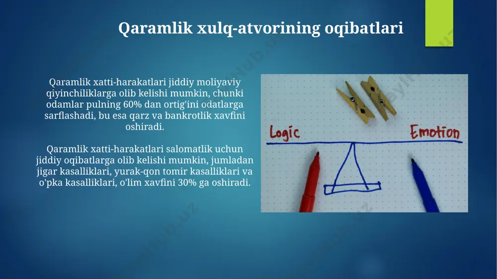 omillar ijtimoiy o'zaro ta'sirlar, masalan, tengdoshlar bosimi, 25 yoshgacha bo'lgan yoshlarda moddaga qaramlik xavfini 45% ga oshirishi mumkin, bu esa madaniy ta'sirlarning ahamiyatini ko'rsatadi. madaniy omillar, 1980-yillardan boshlab, shaxsning qimor o'yinlariga bo'lgan munosabatini shakllantiruvchi 3 ta muhim elementni o'z ichiga oladi: urf-odatlar, diniy e'tiqodlar va ijtimoiy normalar. mukofotlash tizimi mukofotlash tizimining buzilishi antidepressantlar ta'sirini pasaytirishi mumkin, chunki serotonin va dofaminning sinergik ta'siri 30% gacha kamayadi. gambling kabi xatti-harakatlar mukofotlash tizimini sun'iy ravishda faollashtirishi mumkin, bu esa 20% gacha odamlarda patologik o'zgarishlarga olib keladi. qiyinchilik bilan kurashish strategiyalari qimor o'yinlariga moyillikni kamaytirish uchun kognitiv xulq-atvor terapiyasi (kxa) usullarini qo'llash, xususan, noto'g'ri e'tiqodlarni aniqlash va baholash muhim. budjet tuzish, moliyaviy maslahatlashuvlar va qarzni boshqarish dasturlari kabi moliyaviy resurslardan foydalanish qarz muammolarini hal qilish va qimorga pul sarflashni kamaytirishga yordam beradi. qochish mexanizmlari qochish mexanizmlari shaxsning stress, tashvish yoki og'riqli his-tuyg'ularni kamaytirish uchun ongsiz ravishda ishlatadigan himoya usullaridir; masalan, rad etish kabi. qochish …