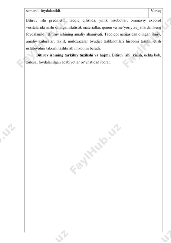 hamda shtatlar jadvalini tuzish va uni ijrosi hisobiga oid qabul qilinayotgan me’yoriy xuquqiy xujjatlar fani bo‘yicha bir qator horijiy va milliy iqtisodchi olimlarning darslik va o‘quv qo‘llanmalari hamda ilmiy tadqiqotlari natijalaridan foydalanildi. jumladan, horijiy adabiyotlardan gregori menkyuning-principles of economics, karl kese, rey fayr, sharon osterlarning-principles of economics, kempbell makkonnel, stenli bryularning-ekonomiks, milliy adabiyotlardan a.o‘lmasov va a.vahobovlarning-iqtisodiyot nazariyasi darsligi, b.xodiyev, sh.shodmonovlarning-iqtisodiyot nazariyasi yot nazariyasi, ergasheva sh.t. va boshqalar. buxgalteriya hisobi nomli o‘quv qo‘llanmalaridan samarali foydalanildi. varoq bitiruv ishi predmetini tadqiq qilishda, yillik hisobotlar, ommaviy axborot vositalarida nashr qilingan statistik materiallar, qonun va me’yoriy xujjatlardan keng foydalanildi. bitiruv ishining amaliy ahamiyati. tadqiqot natijasidan olingan ilmiy, amaliy xulosalar, taklif, muloxazalar byudjet tashkilotilari hisobini tashkil etish uslubiyotini takomillashtirish imkonini beradi. bitiruv ishining tarkibiy tuzilishi va hajmi. bitiruv ishi kirish, uchta bob, xulosa, foydalanilgan adabiyotlar ro‘yhatidan iborat. varoq 1-bob. byudjet tashkilotlarida buxgalteriya hisobini tashkil qilish, xarajatlar smetasini hamda shtatlar jadvalini tuzish va tasdiqlash tartibi. 1.1 …