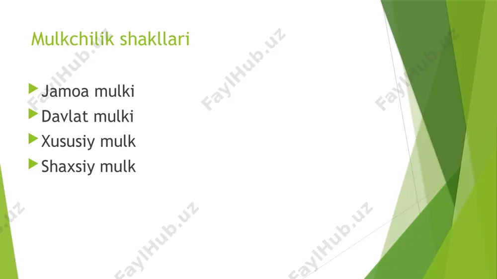 tiriluvchi vosita va ne’matlar. jamoa mulki — bu jamoaga ixtiyoriy ravishda birlashgan kishilarning umumiy mulki boʻlib, bu mulkning egalari shu jamoada mehnat qilishi shart. bu yerda mulk egasi ayni bir vaqtda shu mulkni amalda ishlatuvchi ham hisoblanadi. individual – yakka xususiy mulk, ya’ni ayrim shaxslar yoki oilalarga tegishli mulk. mulk ob’ekti yer va yer osti boyliklari, korxona, bino, inshootlar, mashina va uskunalar, tayyor mahsulot, pul, qimmatli qog‘ozlar, san’at va adabiyot asarlari, ilmiy va texnikaviy ishlanmalar va boshqalar bo‘lishi mumkin. moddiy va ma’naviy ne’matlarni amalda o‘zlashtiruvchilar mulk sub’ektlari, ya’ni egalari hisoblanadi. bularga ayrim kishilar, oilalar, jamoalar va davlat kiradi. mulkdan amalda foydalanib, bundan naf ko‘rish mulkni iqtisodiy tasarruf qilish hisoblanadi. davlat mulki bu - davlat ixtiyorida boʻlgan mulk, davlat hokimiyati organlari tomonidan tasarruf etiladigan monopollashgan mulkdir. bunday mulk obʼyekti — yer, tabiat resurslari, asosiy vositalar, binolar, moliya, moddiy resurslar, axborot, moddiy va maʼnaviy boyliklar boʻlishi mumkin. bu mulk ijtimoiy neʼmatlarni yaratishgdavlat …