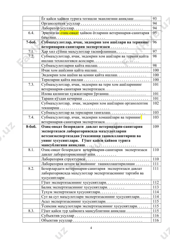 лар ва даволовчи препаратларни аниқлаш усуллари . . . . . . . . . . . . . . . . . . . . . . . . . . . . . . . . . . . . . 67 ҳайвонларнинг сўйиш маҳсулотларида антибиотиклар мавжудлигига текшириш . . . . . . . . . . . . . . . . . . . . . . . . . . . . . . . . 67 4.3. заҳарланишларда гўшт ва сўйиш маҳсулотларини ветеринария-санитария баҳолаш . . . . . . . . . . . . . . . . . . . . . . . . . . 68 5-боб. сўйилган ҳайвонлар, парранда ва қуён гўштини янгилигига текшириш, гўштда сўйишдан кейинги ўзгаришларни аниқлаш . . . . . . . . . . . . . . 71 5.1. гўштда сўйишдан …