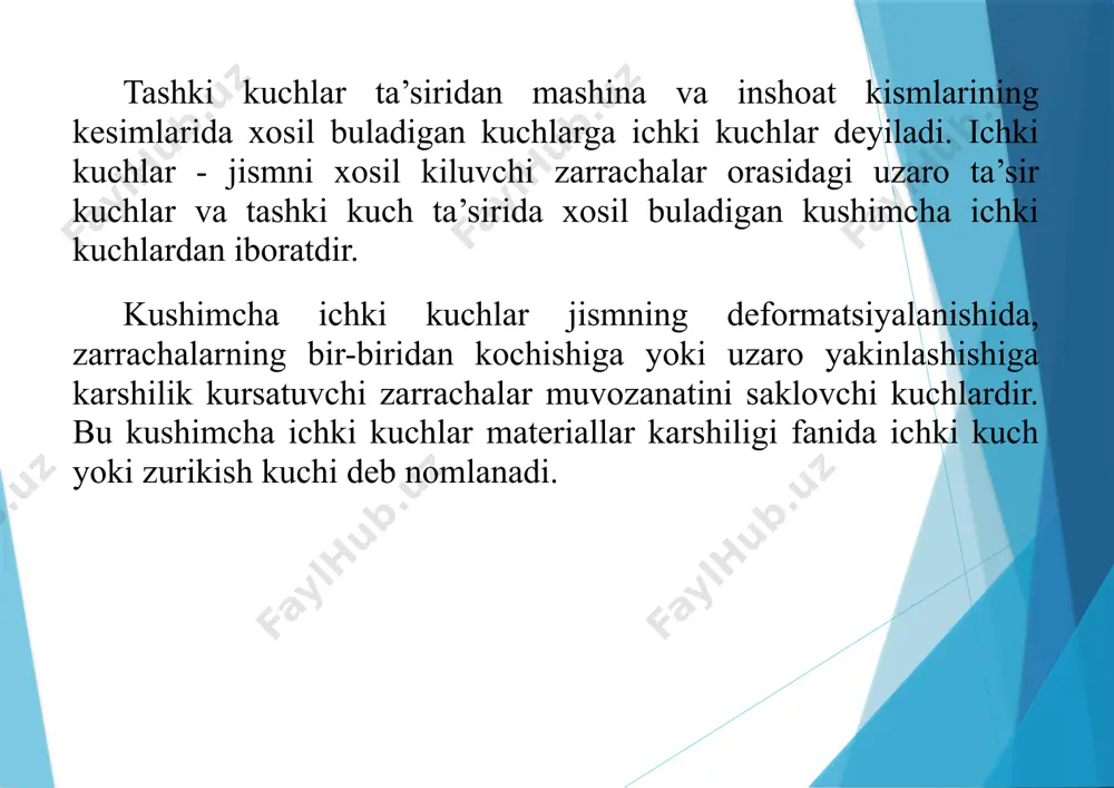 ozanati buziladi. i kismning muvozanatini saklash uchun ikkinchi tashlab yuborilgan kismning i - kismga ta’sirini kuch bilan almashtirib tekshirilayotgan i - kism kesmasiga kuyish kerak. (2,5 shakl, b). kesmaga kuyilgan kuchga ichki kuch deyiladi. shunda i kism tashki r1 r2 va ichki sdq kuch ta’sirida muvozanatda buladi. ichki dq kuchlar xar tomonga, tekislikka tik, urunma, aylanma va boshka yunalishda bulishi mumkin. masalani osonlashtirish uchun dq kuchlarni bitta teng ta’sir etuvch q ga keltirib a nuktasiga kuyamiz. a nuktaga q kuchini kuygandan sung kattik jismning i bulagiga ta’sir kilayotgan kuchlar (bizning misol uchun) r1 r2 tashki kuch va ichki kuchdan iborat buladi va shu kuchlar ta’sirida muvozanatda turadi. statikaning muvozanatlik tenglamasidan foydalanib, noma’lum q ni topamiz. agar jismning i kismiga ta’sir kilayotgan xamma kuchlar bir tekislikda bulsa, statikaning kuyidagi tekis sistema uchun berilgan z ta tenglamasidan foydalanish mumkin. sx=0, sy=0, sm0=0 agar ta’sir kilayotgan kuchlar bir tekislikda yotmasa, fazoviy sistema uchun …