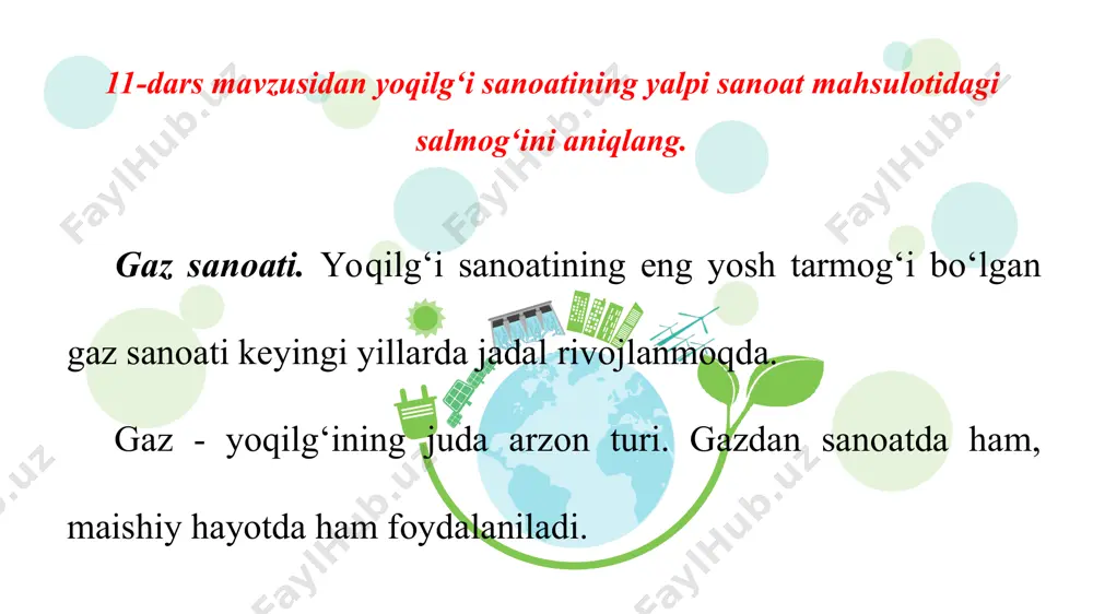 o‘yib, qishda foydalaniladi. gaz sifatli yoqilg‘igina emas, balki kimyo sanoatining qimmatli xomashyosi hamdir. gazga bo‘lgan talab kimyo, issiqlik elektr stansiyalari va maishiy xo‘jalikda tobora ortib bormoqda. shunga ko‘ra qo‘shimcha gaz chiqarish yo‘llari izlanmoqda, gaz quvurlarining gaz o‘tkazish imkoniyati oshirilmoqda. neft sanoati. neftsiz hozirgi zamon iqtisodiyotini yuritish mumkin emas. neft xom holida ishlatilmaydi. qayta ishlash natijasida undan turli xil yoqilg‘i, ya’ni kimyoviy mahsulotlar olinadi. neftni qazib chiqarish xarajati ko‘mirni qazib chiqarish xarajatidan o‘rta hisobda 4 barobar kam. milliy iqtisodiyotda neftdan keng foydalanish juda ko‘p mablag‘ni tejashga imkon beradi. mahsulot birligini olish (aytaylik, 1 t neft qazib chiqarish) uchun keta-digan pulda ifodalangan hamma xarajat mahsulot tannarxi deyiladi. neftning tannarxi u qanday chuqurlikdan olinayotganligidan ko‘ra konning neftga qanchalik boyligiga bog‘liq. neft qazib olishning eng arzon usuli fontan usuli bo‘lib, bunda neft quduqlardan kondagi bosim tufayli otilib chiqadi. bosim kamaygan holda uni turli usullar bilan ko‘tarib turiladi. neftni nasoslar yordamida chiqarib olish ham keng …