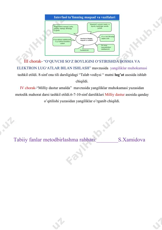 ndaryo viloyati angor tumani 36-umumiy o`rta ta’lim maktabi tabiiy fanlar metodbirlashma rahbari xamidova sayyora jo`rayevnaning ta’lim va tarbiya jarayonini zamonaviy pedagogik texnologiyalar asosida tashkil etishdagi faolligi yuzasidan hisobot tabiiy fanlar metodbirlashma a’zolari bilan ta’lim tarbiya jarayonida foydalanish uchun pedagogik texnologiya va o’quvchilarning fanni o’zlashtirishdagi bo’shliqlarini to’ldirish bo’yicha har chorakda tavsiyalar berib borildi. i chorak-“o’quvchilarning qiziqishlariga qarab fan olimpiadalariga o’quvchilarni saralab olish” bo’yicha metodik tavsiya berildi va fizika, kimyo, geografiya va biologiya faniga qiziquvchi o’quvchilar bilan alohida qo`shimcha mashg’ulotlar olib borildi. iqtidorli o`quvchilar va past o`zlashtiruvchi o`quvchilar bilan ishlash bo`yicha to`garak mashg`ulotlari rejalari ishlab chiqildi va tasdiqlandi. ii chorak- o’zlashtirishi past o’quvchilar bilan indivudial ishlash yuzasidan tavsiyalar ishlab chiqildi . har bir sinfdagi murakkab mavzularni oson yo’llar bilan tushuntirish bo’yicha fikrlar almashindi. har chorak davomida mahorat darslarini tashkillashtirishdi. iii chorak- sinfdan tashqari o’qilgan asarlarni tahlil qilish va unda o’quvchilarni munosabatlarini o’rganish yuzasidan tavsiyalar ishlab chiqildi va kimyo, fizika, geografiya va biologiya …
