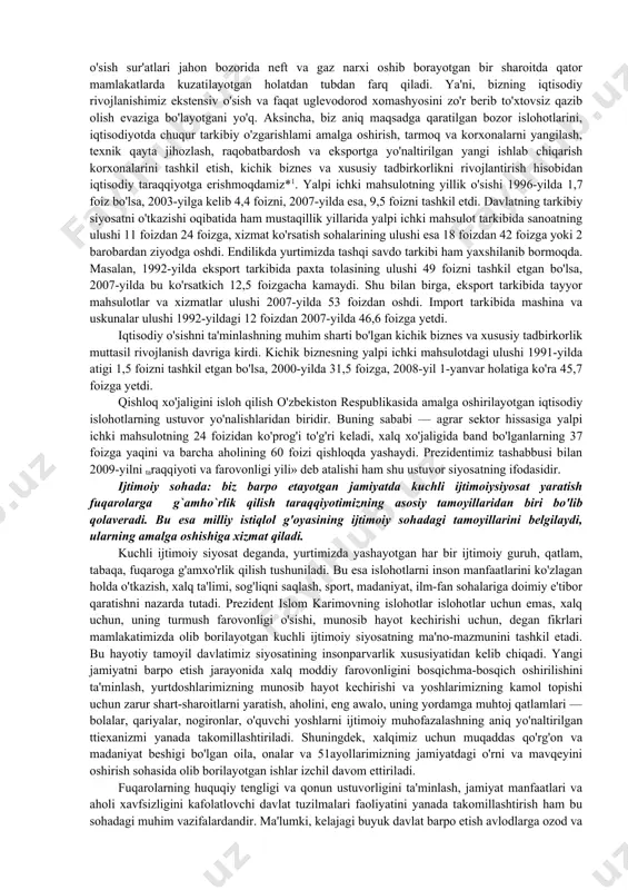 nstitutsiyaning 11-moddasida «o'zbekiston respublikasi davlat hokimiyatining tizimi, hokimiyatning qonun chiqaruvchi, ijro etuvchi va sud hokimiyatiga bo'linishi prinsipiga asoslanadi» degan qoidada aks ettirilgan. o'zbekiston respublikasi prezidentining oliy majlis palatalarining qo'shma majlisidagi «bizning bosh maqsadimiz — jamiyatni demokratlashtirish va yangilash, mamlakatni modernizatsiya va isloh etishdir» nomli ma'ruzasida mamlakat ijtimoiy-iqtisodiy hayotining eng muhim masalalari, jumladan, davlat hokimiyati vakolatlarining qonuniy asosda bo'linishiga ham jiddiy e'tibor qaratildi. ma'ruzada «davlat qurilishi va boshqaruvi sohasidagi eng muhim vazifa bu — qonunchilik hokimiyati bo'lmish mamlakat parlamentining roli va ta'sirini kuchaytirish, hokimiyatning qonunchilik, ijro va sud tarmoqlari o'rtasida yanada mutanosib va barqaror muvozanatga erishishdan iborat» ekani qayd etildi. bunda, awalambor, prezidentning ba'zi vakolatlarini parlamentning yuqori palatasi — senatga va hukumatga o'tkazish, professional, doimiy asosda ishlaydigan quyi — qonunchilik palatasini shakllantirish, uning vakolat va huquqlarini kengaytirish ko'zda tutilgan va hozirning o'zidayoq bu boradagi sa'y-harakatlarning amaliy samarasi ko'rinib turibdi. bu hukumat faoliyatining kengayishiga hamda mas'uliyatining oshishiga olib keladi, davlat organlari faoliyatini …