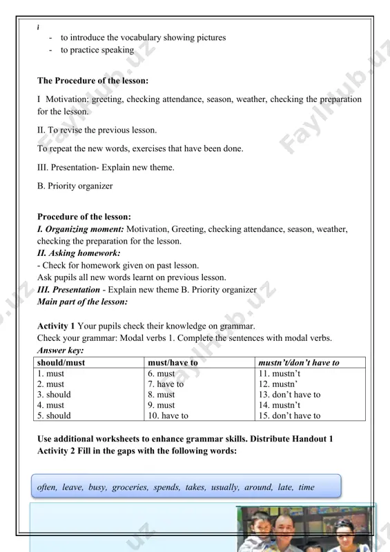 e. man: well, my wife and i (6 )____ watch tv or talk until 10 o’clock. then she often reads while i am working on my site, and i sometimes stay up until the (7 )_______ , but i try to finish everything by 1a.m. or 2 a.m. woman: and then, you get up at 5 a.m.? man: well, yeah, but it’s important to live a balanced life. i enjoy what i do, but you have to set aside (8 )_______ for family and yourself. woman: i agree. man: but i think my wife has the toughest job. she (9) ________ her whole day taking care of our family: taking the kids to school, working in the garden, buying (10) ________ , taking the kids to piano lessons ... wow! that’s a full-time job, but she enjoys what she does. woman: well, it sounds you’re a busy but a lucky …