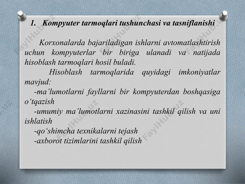imkоn yarаtuvchi tехnikаviy vоsitаlаr, dаsturiy tа’minоt, stаndаrt vа bitmlаr yig’indisidir. cabelli, simsiz, suny yuldosh 5-rasm global tarmoq sturukturasi . 80-yillar boshida tarmoqda mashinalarning oʻzaro ta’sir protokollari standartlashtirildi. boshlanіich variant tcr/ir (transfer control rrotocol/internet rrotocol). bbn kompaniyasi bilan shartnoma tuzildi, bu esa tcr/irni unix ot safiga kiritdi. 1983 yilda - internet tashkil etildi. arranet 2 ta qismga boʻlindi: milnet va arranet, ularga nsfnet va boshqa tarmoqlar ulandi. 1989 yil - arranet mustaqil almashish imkonini yaratdi. biroq bir necha yil ilgari uning resurslariga faqat faylga murojaat qilishga moʻljallangan dasturiy ta’minot yordamidagina kirish mumkin edi. gipermatnli inqilob: 1965 yil nelson gipermatn soʻzini qoʻlladi. van dam va boshqalar 1967 yilda gipermatn tahrirlovchisini tuzib chiqdi. nelson 1987 yil maúlumotlarning gipermatn tahrirlovchisini tuzib chiqdi. jeneva tsern (cern) da ishlovchi fizik tim bernes li 1990 yil gipermatnli loyihani taklif etdi. bu loyiha fizik olimlarga internet orqali tadqiqot natijalarini oʻzaro almashish imkonini berar edi. shunday qilib, xalqaro axborot …