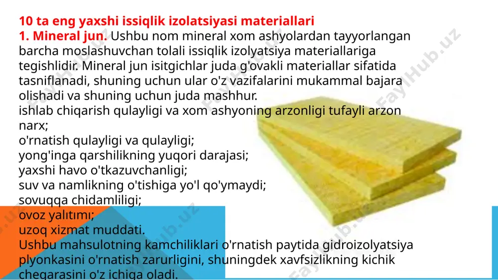 hda ishlatiladi. sopol keramik plitkalar ichki devor plitkalarining suv shimuvchanligi 16 foizgacha, egilishdagi mustahkamlik chegarasi 12mpabo‘lishi, 125±5°s dan 15-20°s gacha harorat o‘zgarishida darzlar hosil bo‘lmasligi kerak. gilam nusxa-koshinkor plitkalar quyma usulda tayyorlanadi. ular 20 tur o‘lchamlarda ishlab chiqariladi: chekkalari 25, 35, 50, 75, 100 va 125 mm. kvadrat, 25*100 mm. to‘rtburchak shaklida va boshqa o‘lchamlarda bo‘ladi. plitkalaming qalinligi 2,5 mm. tashqi yuzasi turli rangli va fakturali bo‘ladi. ichki devorlarning bezak plitalari turar joy, jamoat va sanoat binolarining sanitariya-gigiyena xonalarini bezashda, konstruksiyalami namdan va vaqtincha alangadan saqlash maqsadida qoplanadi. polbop polimer materiallar polimer asosidagi polbop o ‘rama va plitka buyumlari yog‘och, keramika va boshqa materiallardan tayyorlangan pollardan mustahkamligi, bioturg ‘unligi, chiroyi, yengilligi, suvga chidamliligi va oson o‘rntilishi bilan farqlanadi. polbop o ‘rama materiallar - linoleumlar sintetik polimerlarga kukun to ‘ldirgichlar, dispers armaturalar, plastifikatorlar, qotirgichlar, stabilizatorlar va pigmentlar aralashtirib turli usullarda tayyorlanadi. linoleumlar bog‘lovchining turiga nisbatan polivinilxlorid, gliftal, kolloksilinli, rezina (relin) va …