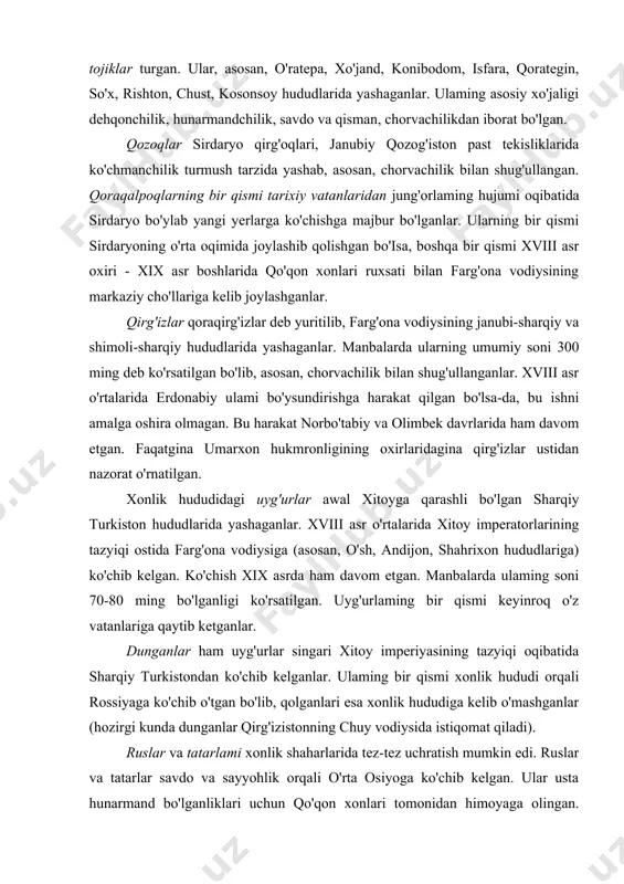 lalaridan biri deb o`zlarini hisoblovchi qipchoqlarning o`rni ham qo`qon xonligida ancha katta bo`lgan ular xonlikning shahrixon baliqchi hududlari qoradaryo bilan norin daryosi oralig`idagi yerlarda yashaganlar. qirg`izlar va asosan farg`ona atrofidagi tog`larda va ketmontepa oloy singari tog` havzalarida ko`chib yurub chorvachilik bilan shug`ullanganlar. xiva xonligi va buxoro amirligidagi singari qo`qon xonligida ham davlatni boshqarishda ruhoniylarning o`rni va ta`siri katta bo`lgan[footnoteref:2]. jumladan, ruhoniy hazrati sohib naqshbandiylar jamoasining xalifasi sifatida 1844-1869 yillar mobaynida amalda davlat ahamiyatiga ega bo`lgan ayrim masalalarni hal qilishda asosiy ro`l o`ynagan. hatto xudoyorxonning o`zi ham u vafot etgach dafn marosimida oldingi safda borgan. [2: r.shamsiddinov, sh karimov. o`. ubaydullayev. vatan tarixi. t., ―sharq‖, 2010, 99-bet. ] feodal tuzum asosida tashkil topgan o`zbek xonliklarining ma`muriy tuzilishi shu jumladan qo`qon xonligida hamhukron doiralarning manfaatini himoya qilishga asoslangan edi. qo`qon xonligi marg`ilon, o`sh, andijon, namangan shahrixon baliqchi, navqat, chust, buloqboshi, aravon, koson, mahram, sux, bobodarxon, xo`jand, toshkent, turkiston va o`ratepa bekliklariga bo`lingan.[footnoteref:3] …